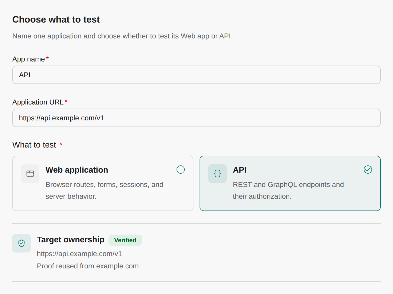 アプリ名、対象 URL、Web または API の範囲。