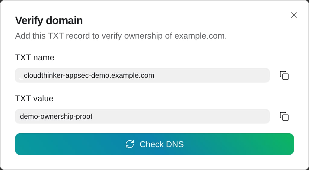 表示された TXT 名と値をコピーして DNS を確認します。