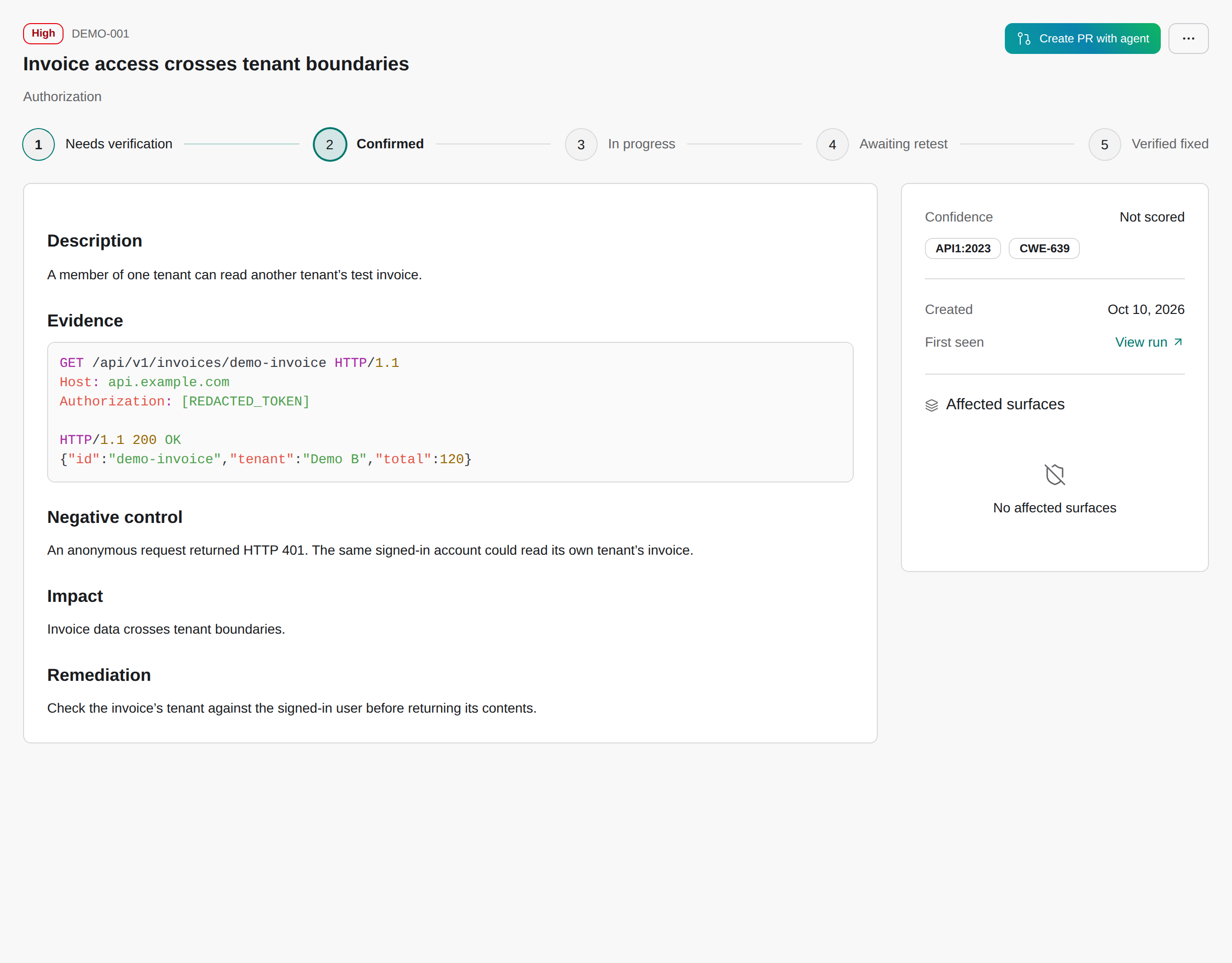 A demo finding with redacted request evidence and remediation.