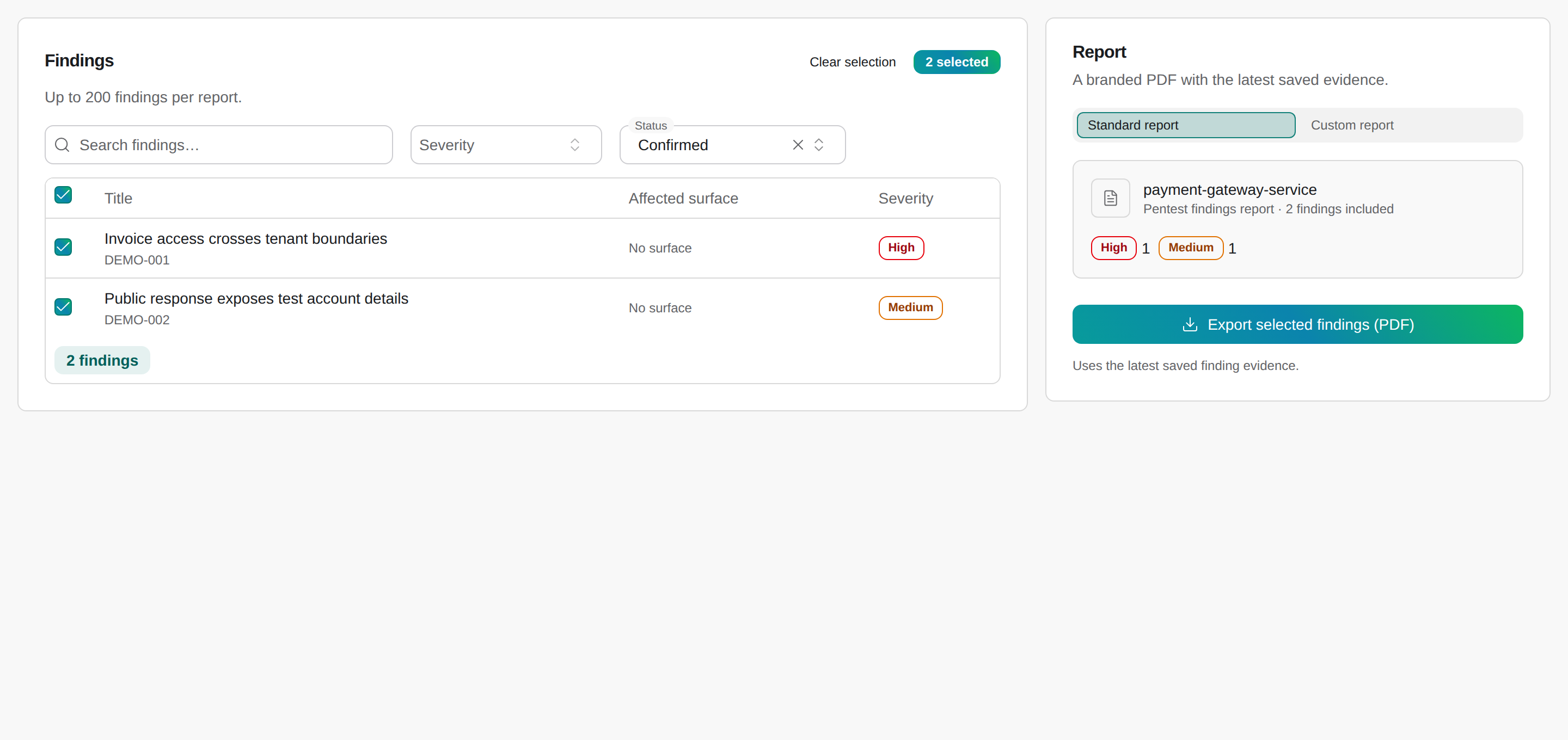 Select confirmed findings and review the Standard report preview.