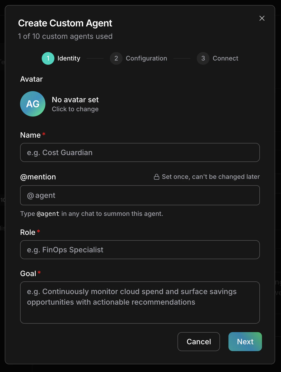 Create Custom Agent wizard, step 1 Identity — avatar tile, Name, @mention, Role, and Goal fields