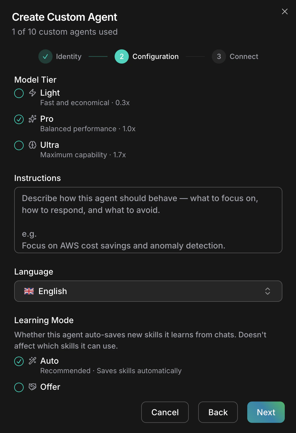Create Custom Agent wizard, step 2 Configuration — Model Tier, Instructions, Language, and Learning mode