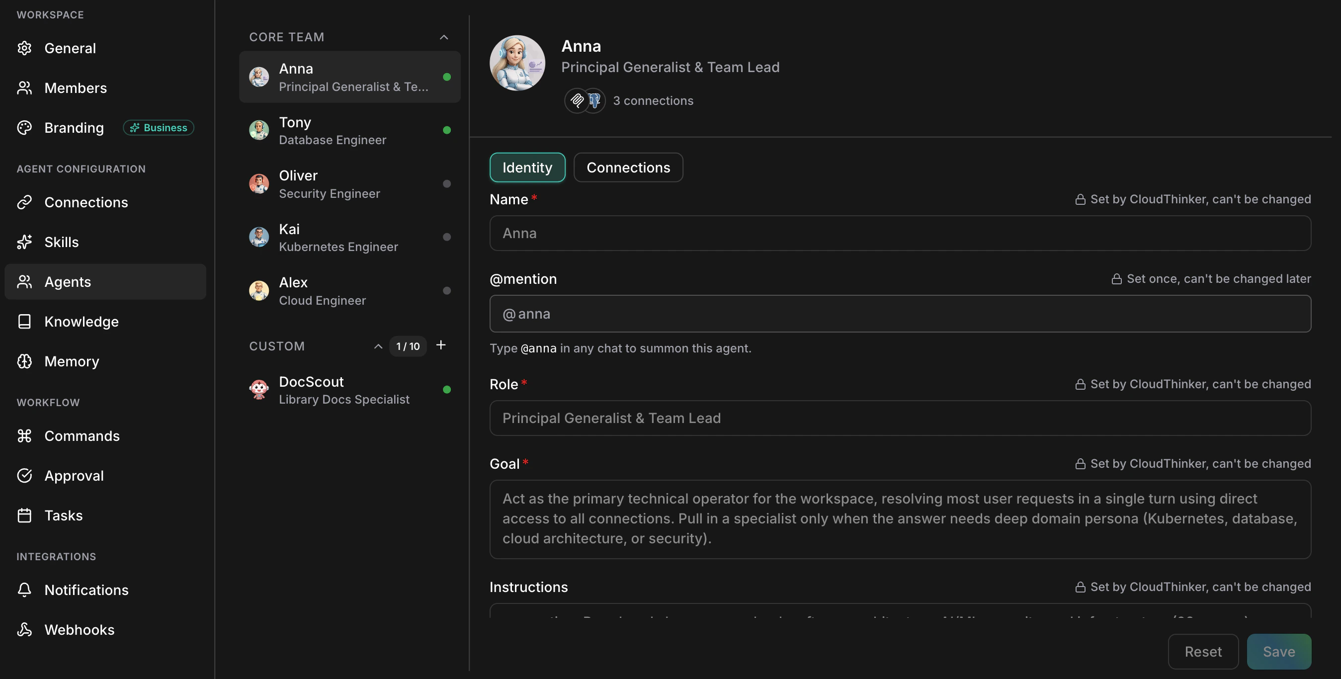 Agent Settings dialog showing Identity and Connections tabs, locked Name/@mention/Role/Goal fields, and editable Instructions/Language/Learning mode below on the Identity tab