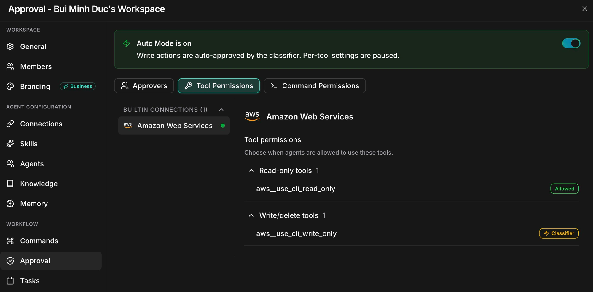 Approval settings page with Auto Mode banner toggled on and the Tool Permissions tab below