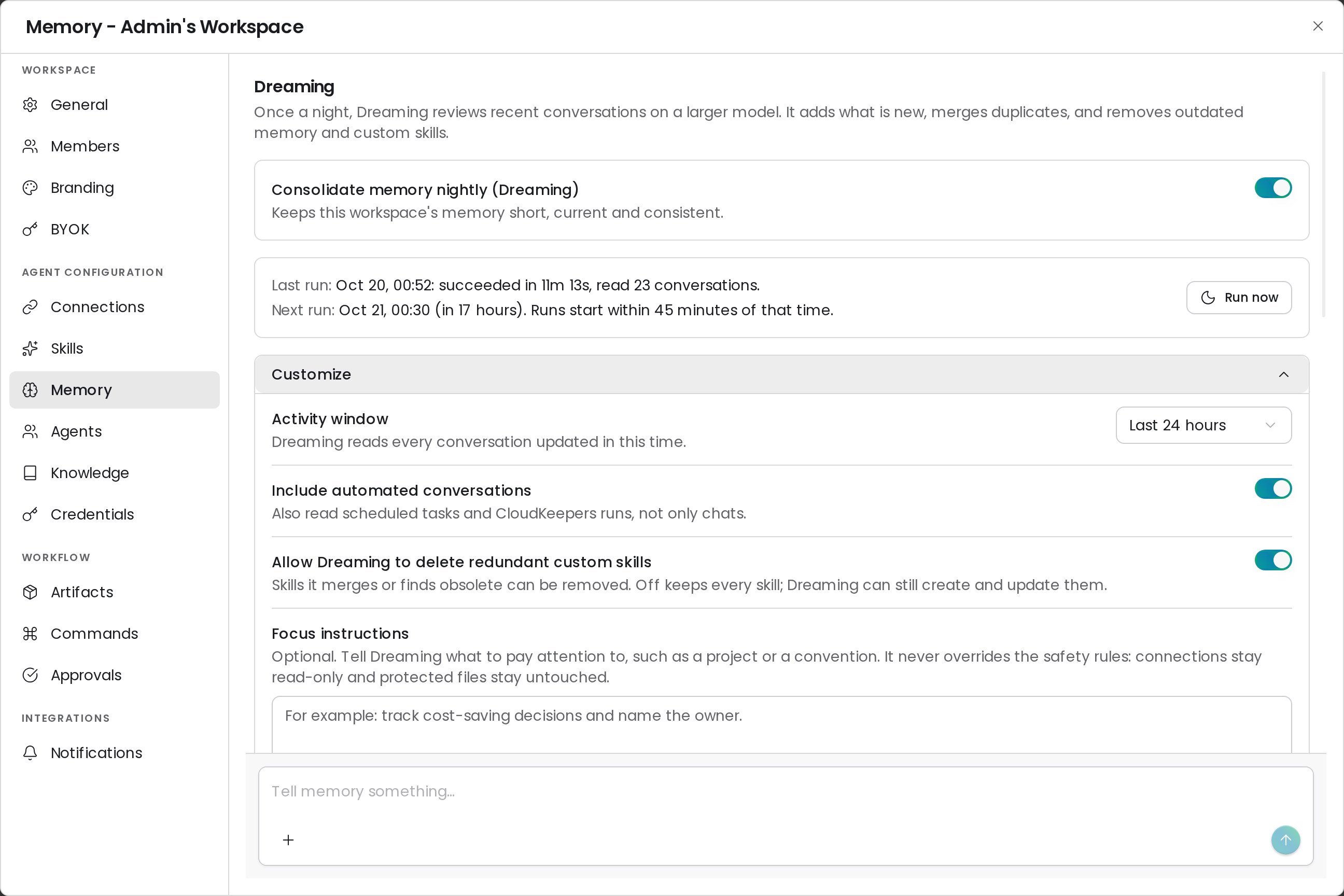 Customize section with the activity window choices, the automated conversations and skill deletion switches, and the Focus instructions box