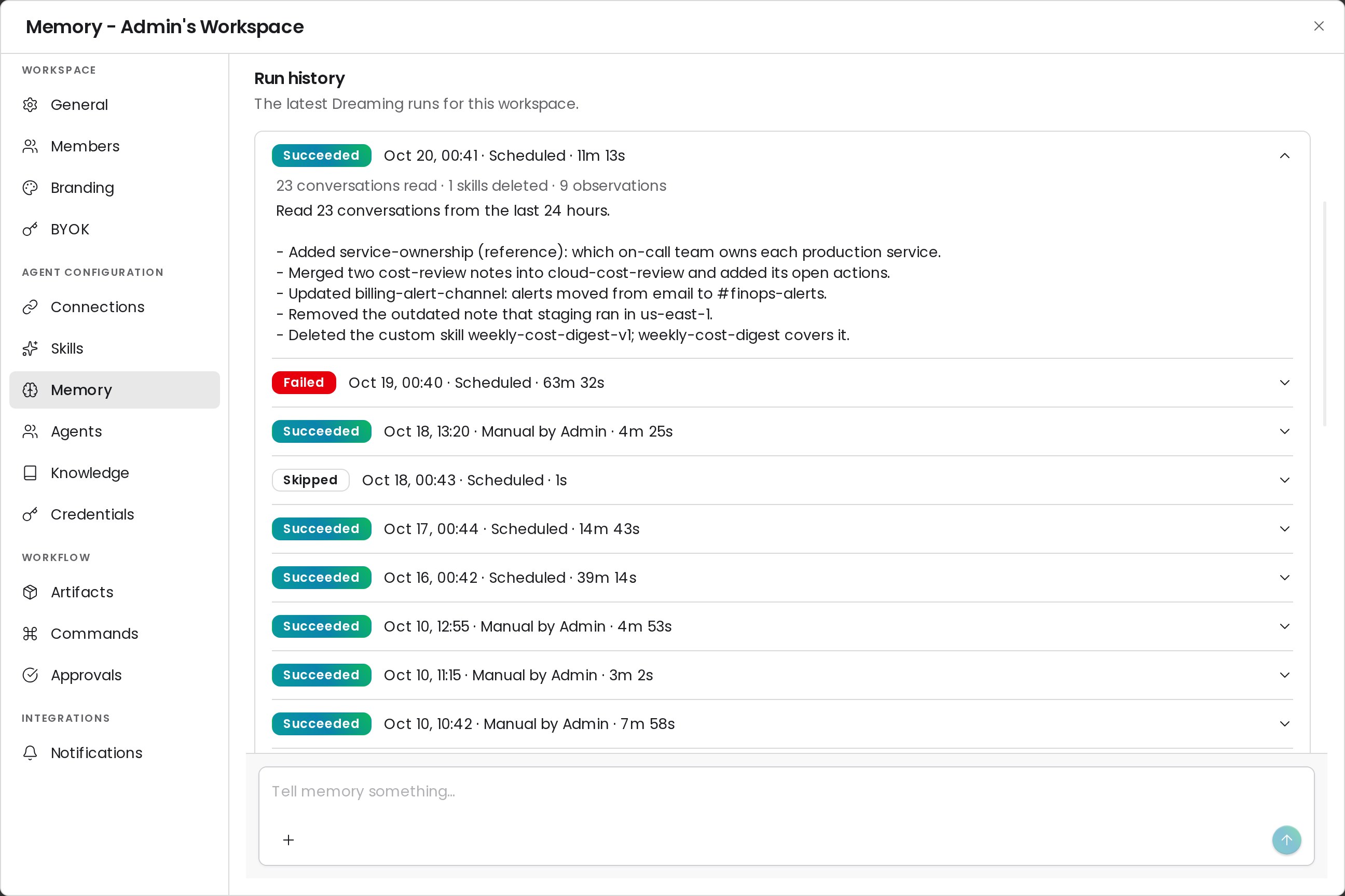 Run history with succeeded, skipped, and failed runs, one expanded to show conversations read and the run summary