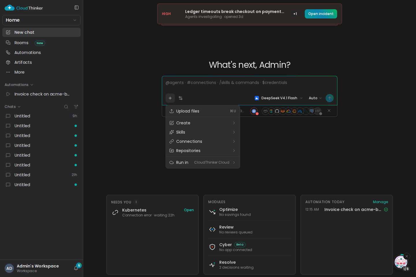 The + menu with a Run in row showing CloudThinker Cloud