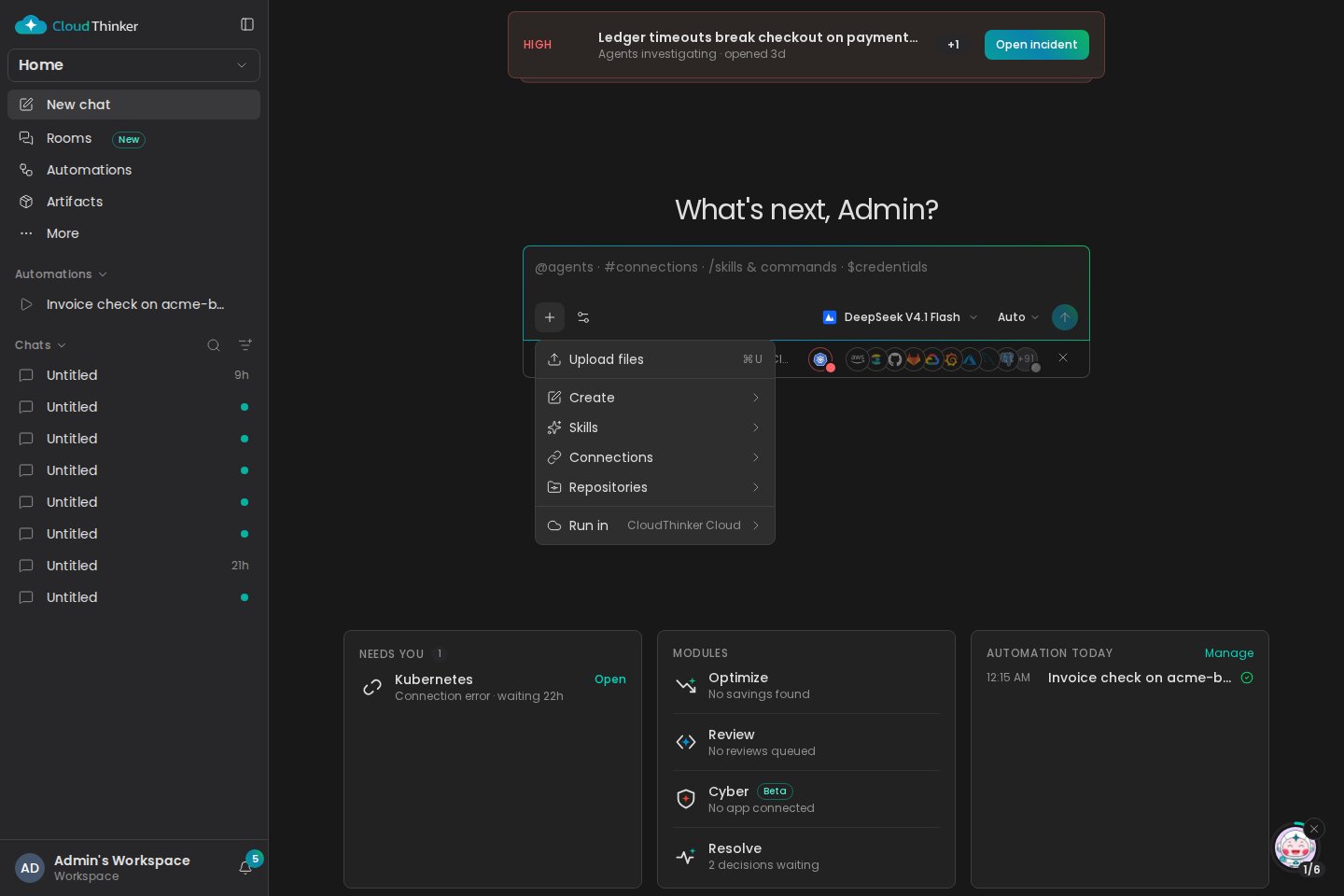 The + menu with a Run in row showing CloudThinker Cloud