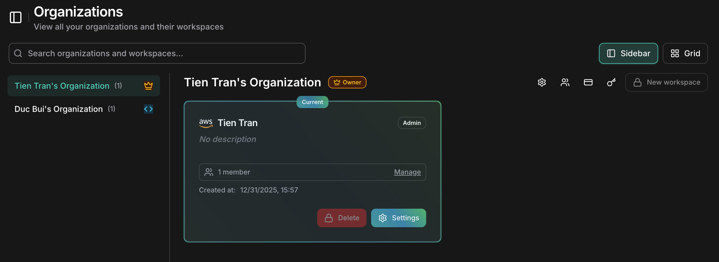 Organization section showing settings, members, subscription, and BYOK icons