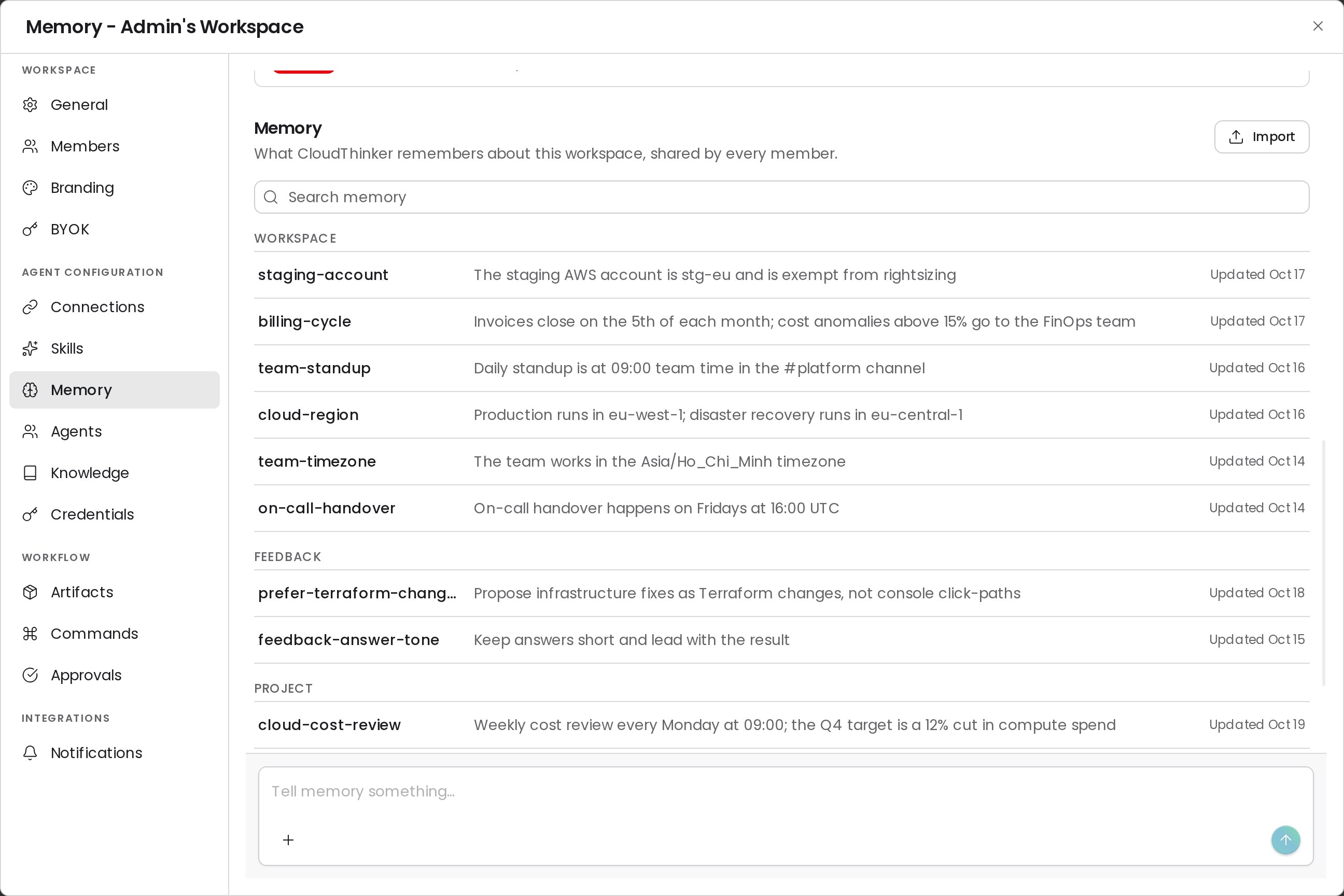 Memory section of Settings with the search box, the Import button, and memory items grouped under Workspace, Feedback, and Project