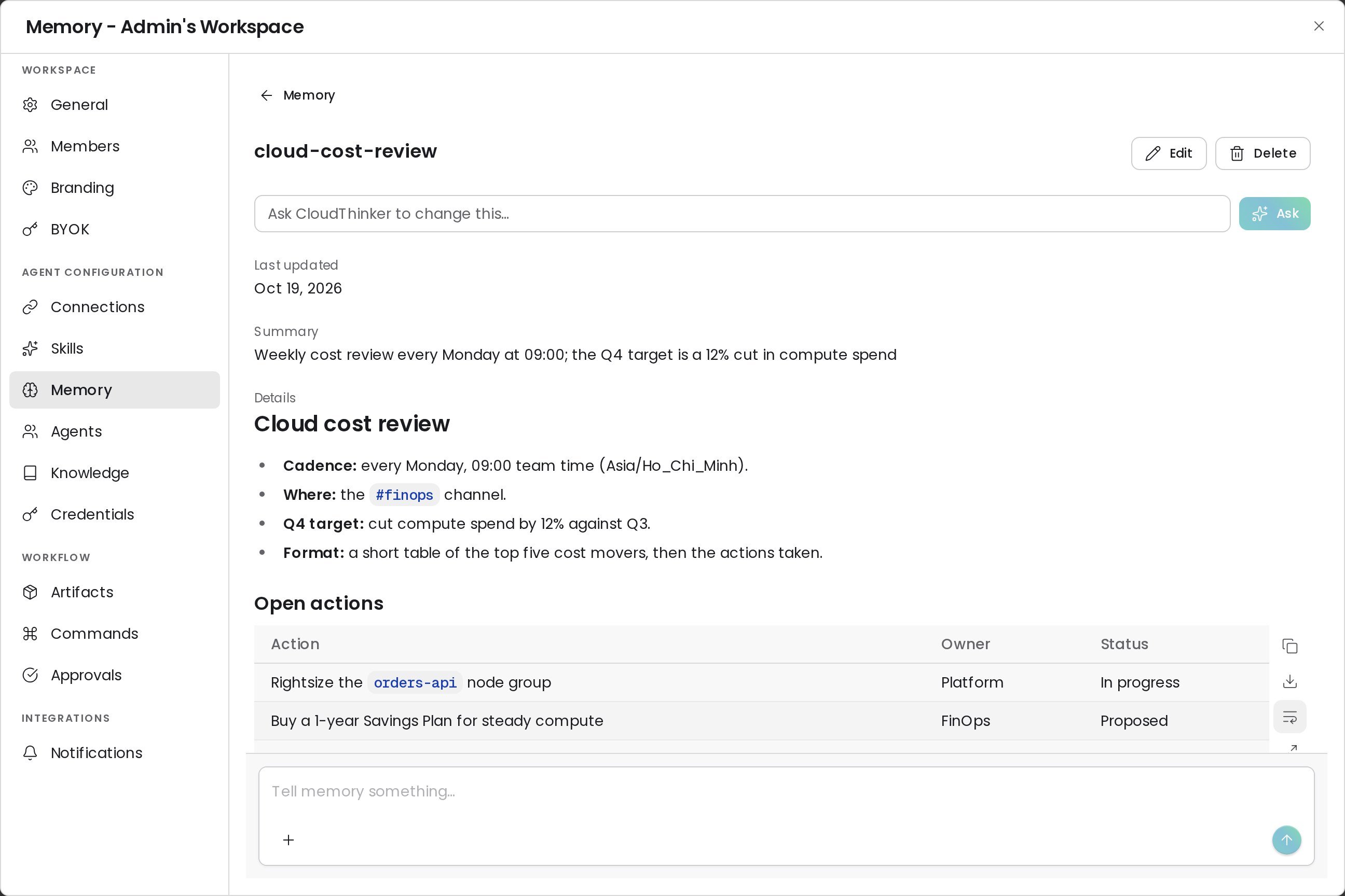 A memory item open in Settings with its summary, Markdown details, Edit and Delete buttons, and the Ask CloudThinker to change this box
