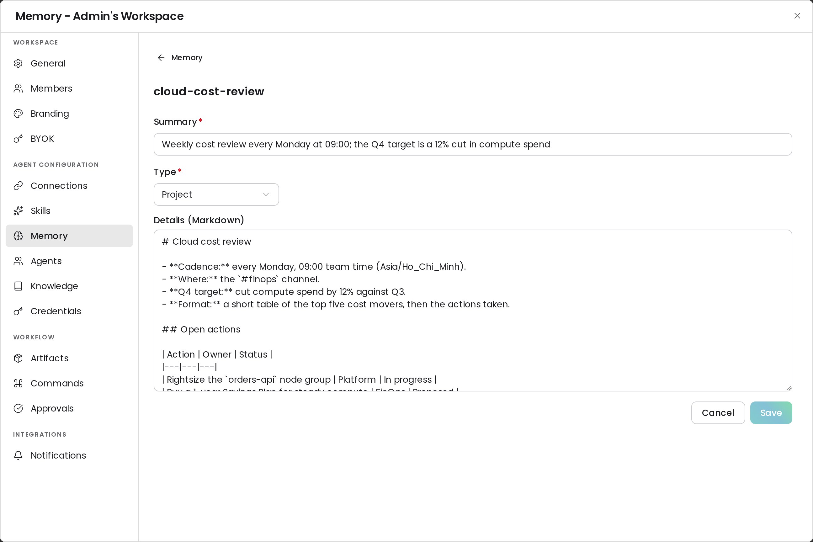 Memory item editor with Summary, Type, and Details fields and the Cancel and Save buttons