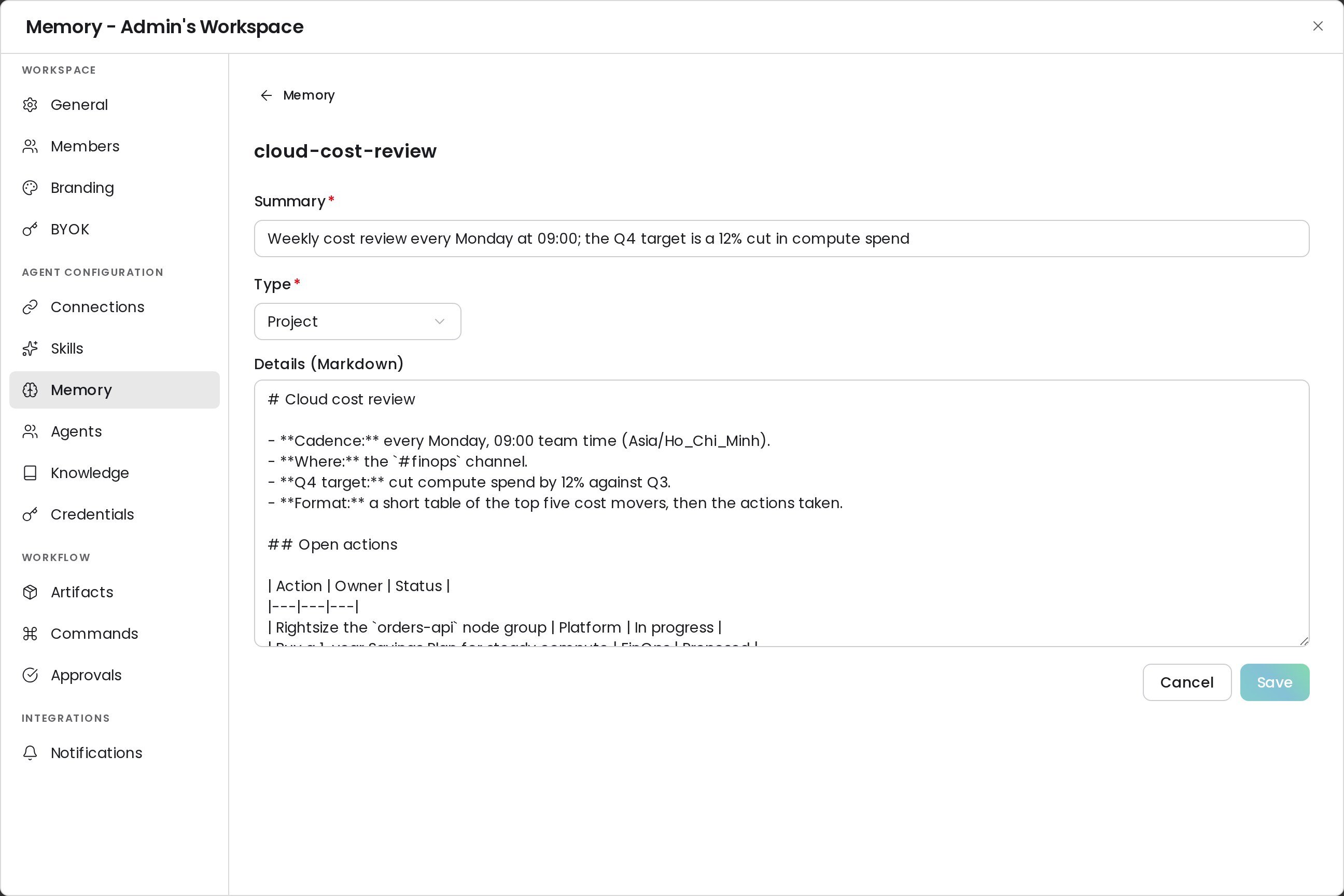 Memory item editor with Summary, Type, and Details fields and the Cancel and Save buttons