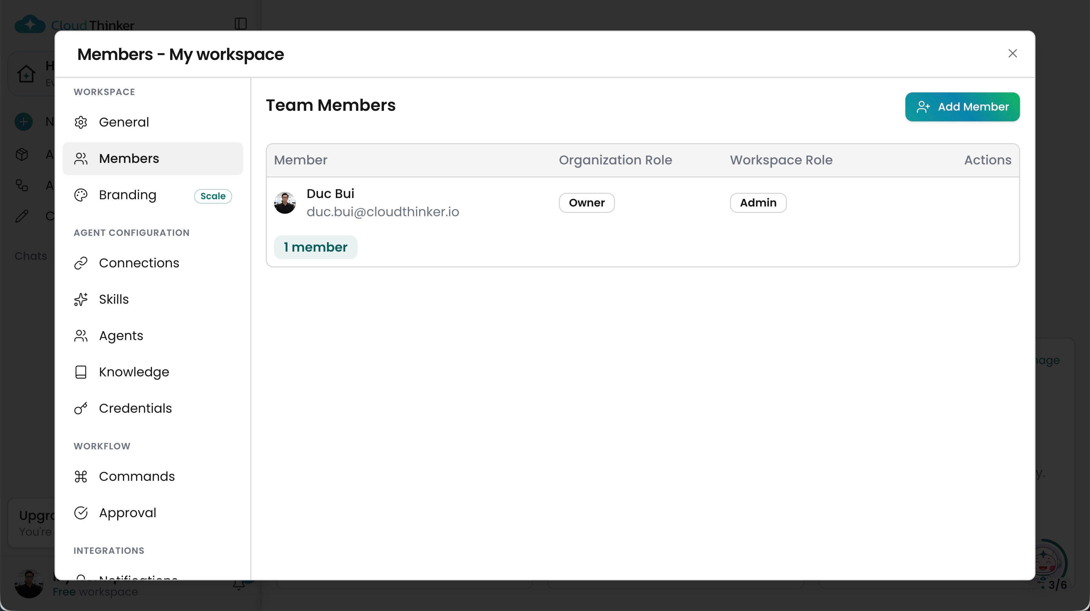 Chat Settings Members tab showing the Team Members table and the Add Member button