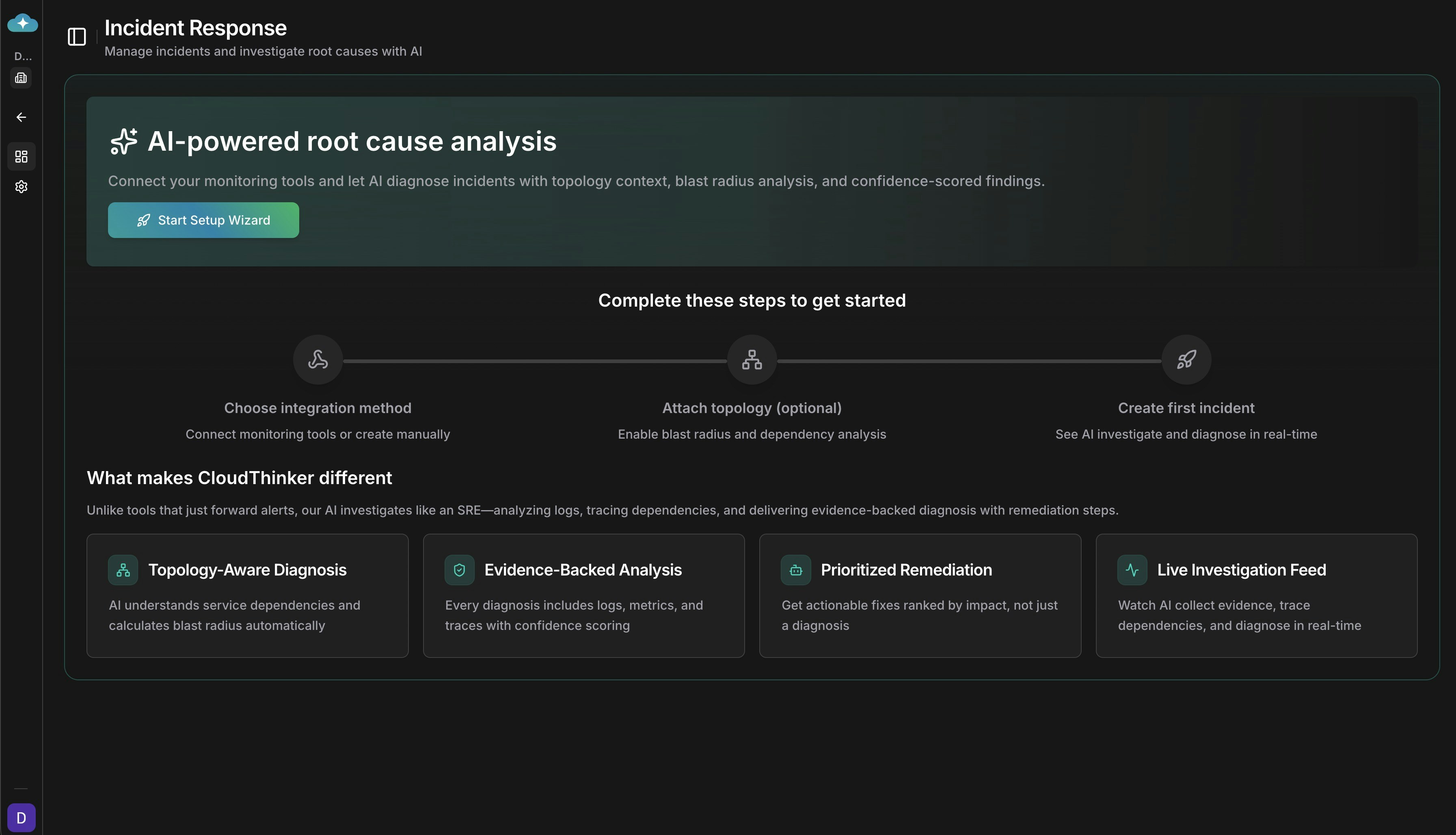 Incident Response setup wizard home page with AI-powered root cause analysis overview