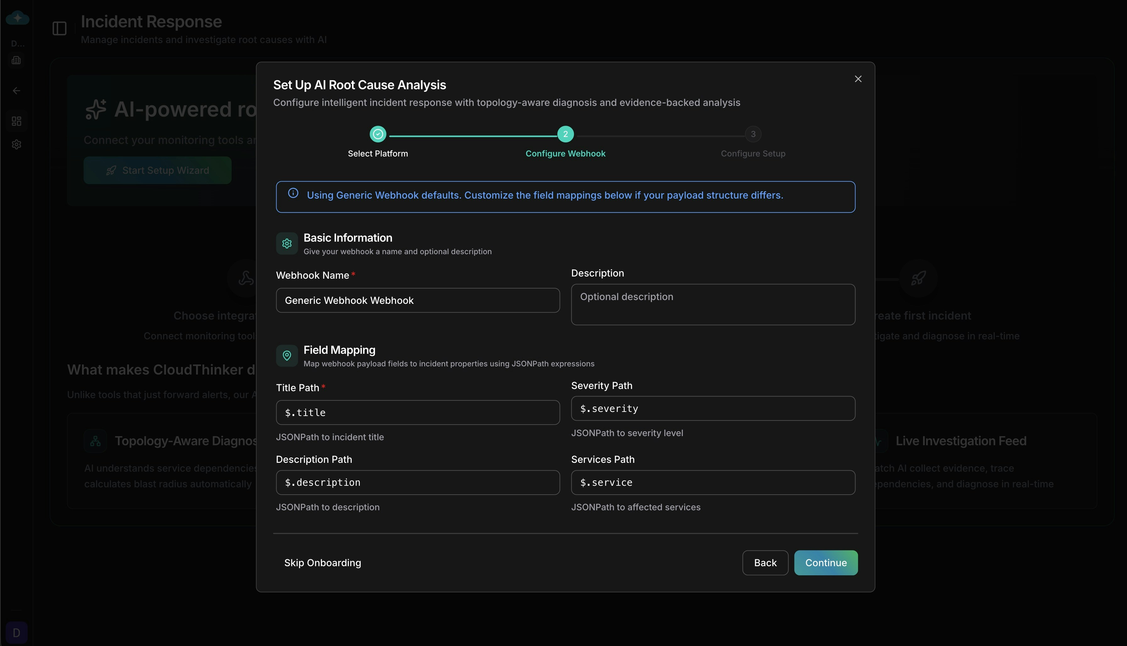 Webhook configuration form showing field mapping with Title Path, Severity Path, Description Path, and Services Path JSONPath expressions