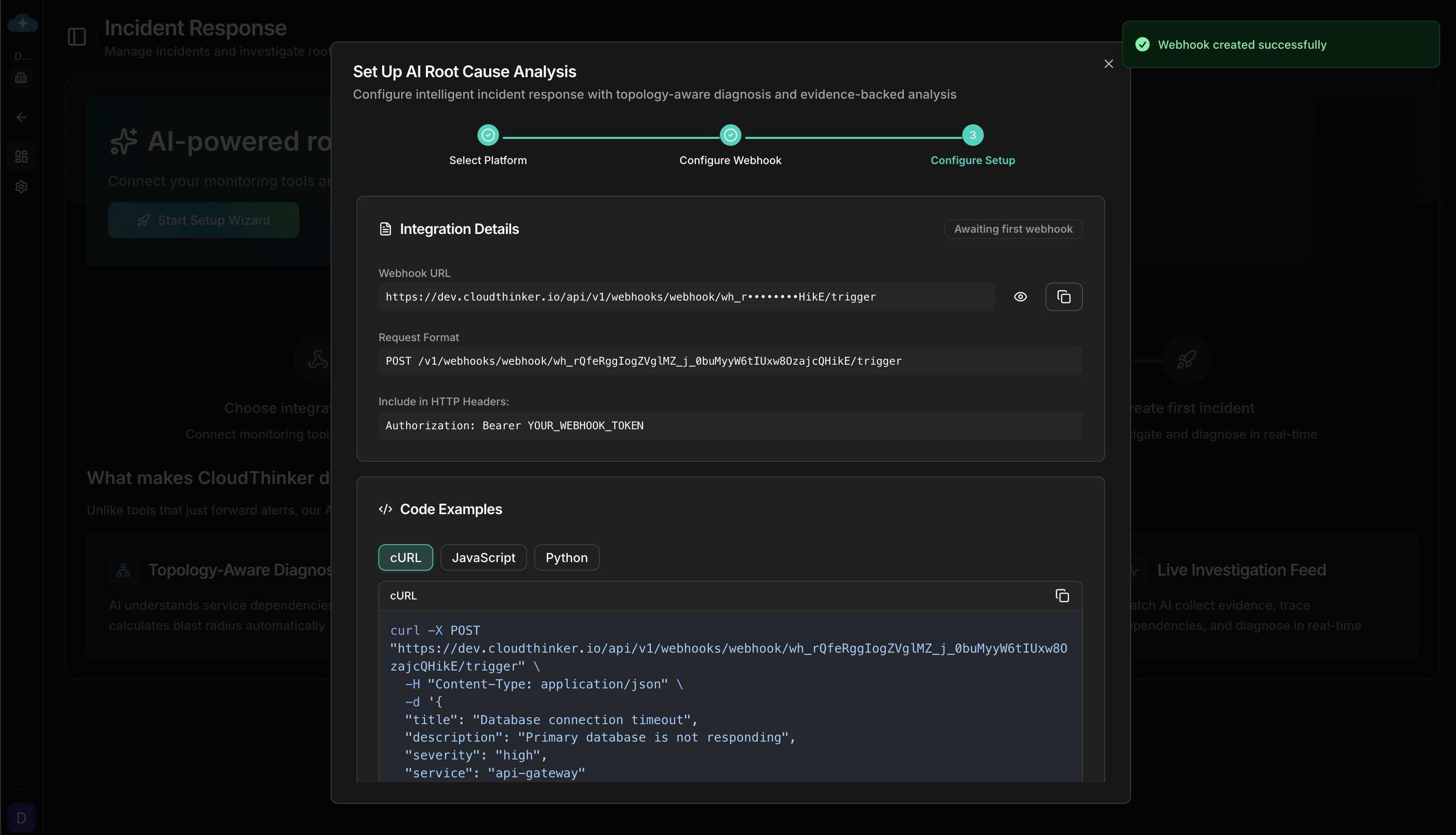 Setup tab showing webhook URL, request format, HTTP headers, and code examples in cURL, JavaScript, and Python for webhook integration
