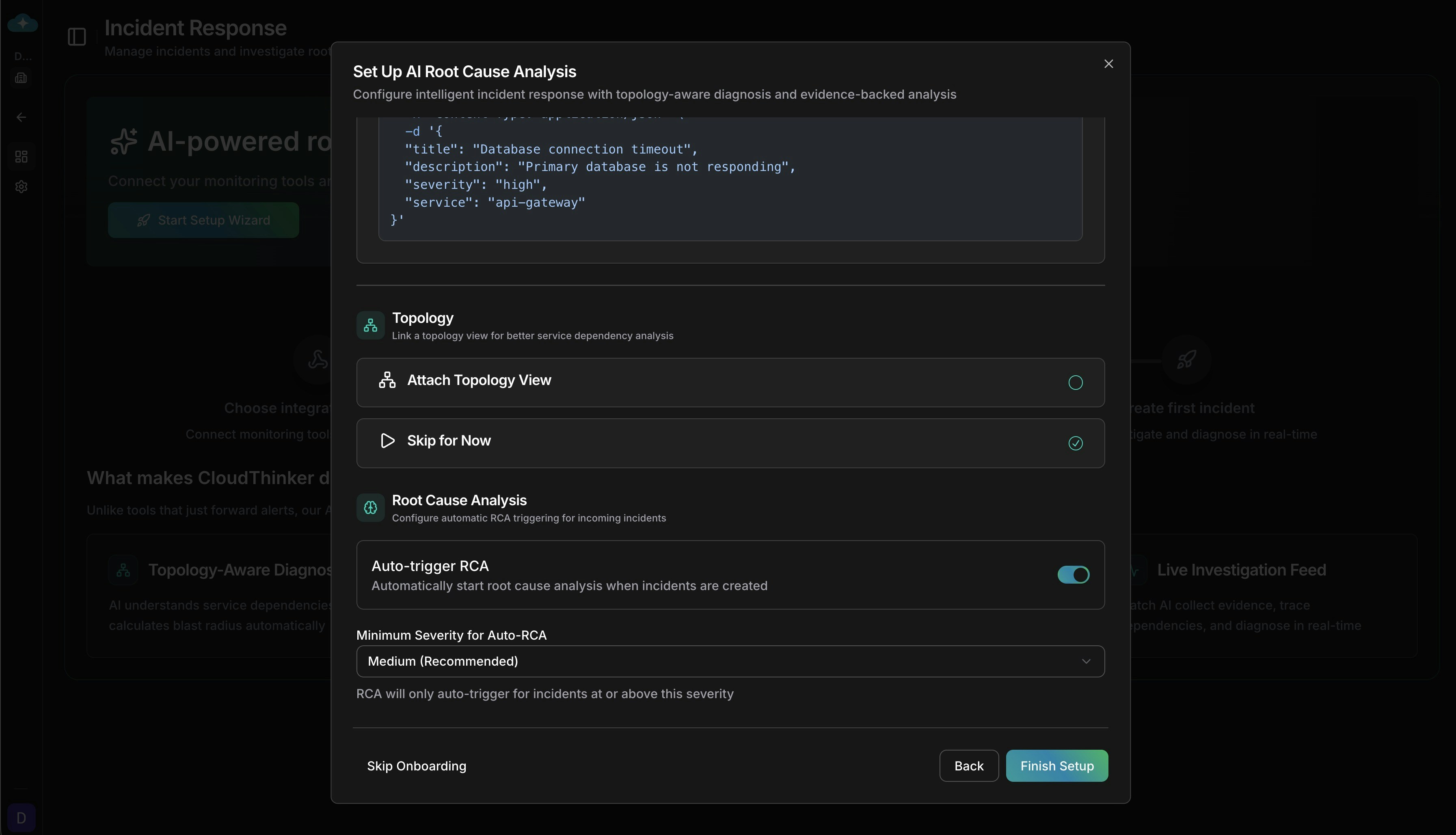 Root Cause Analysis configuration panel with Auto-trigger RCA toggle, Minimum Severity dropdown set to Medium, and Attach Topology View option
