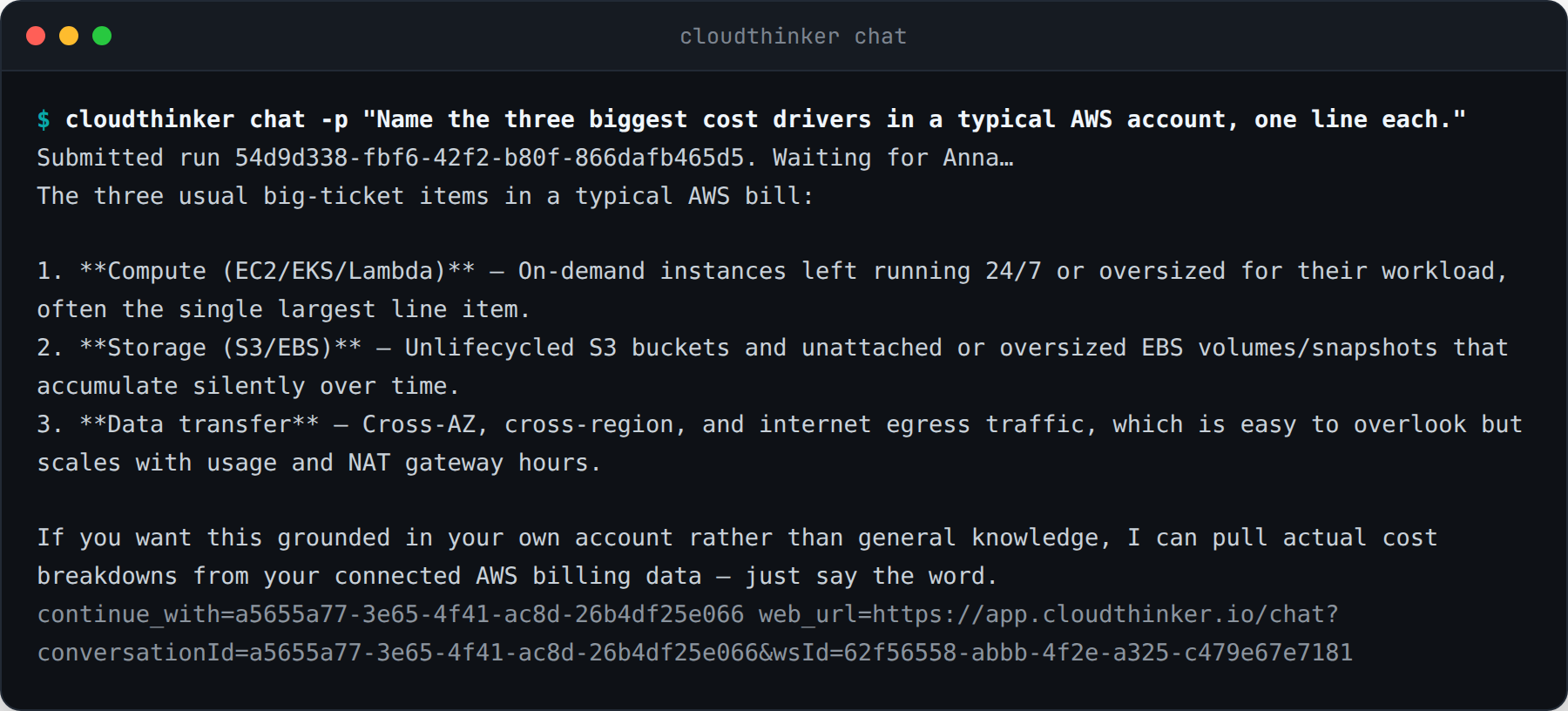 cloudthinker chat -p submitting a run and printing Anna's answer