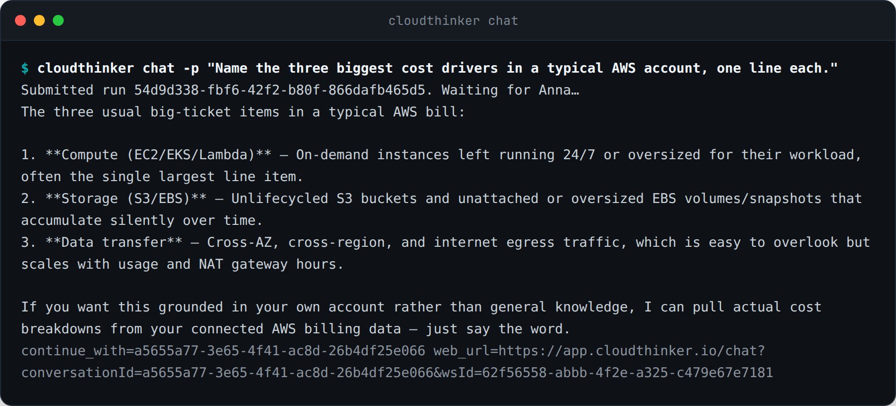 cloudthinker chat -p submitting a run and printing Anna's answer