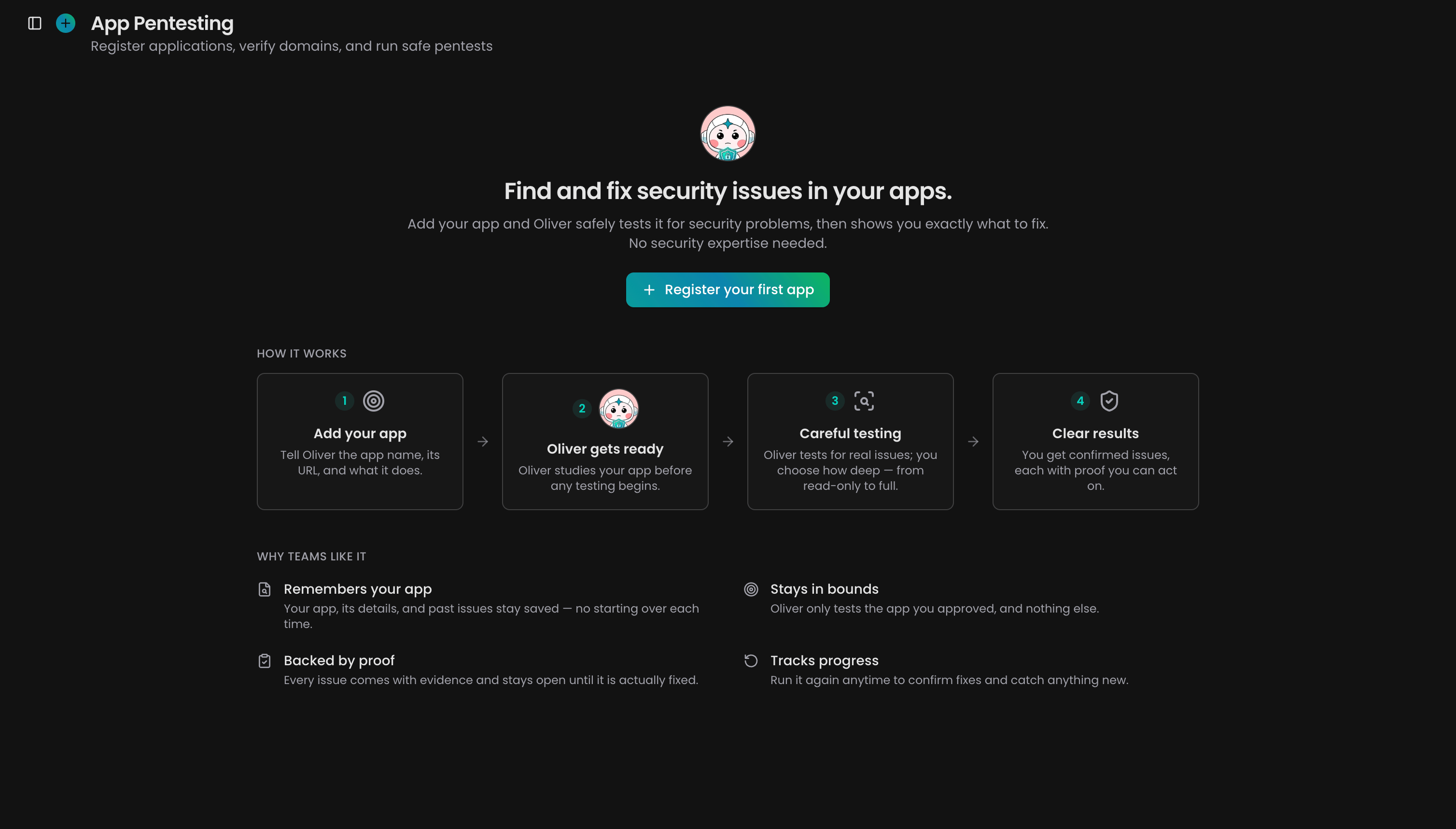 App Pentesting landing page with the Register your first app call to action