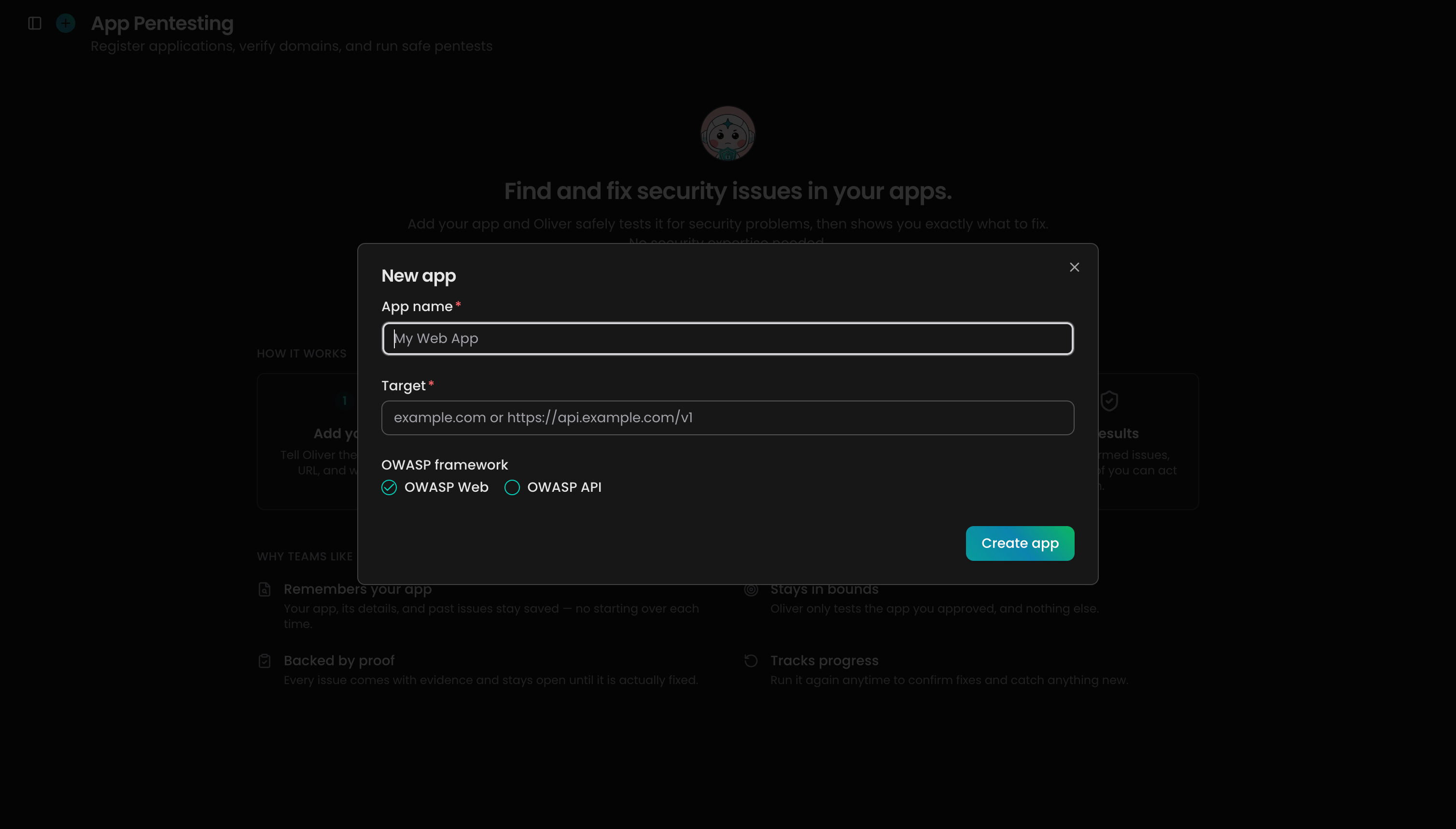 New app dialog with App name, Target, and OWASP framework fields