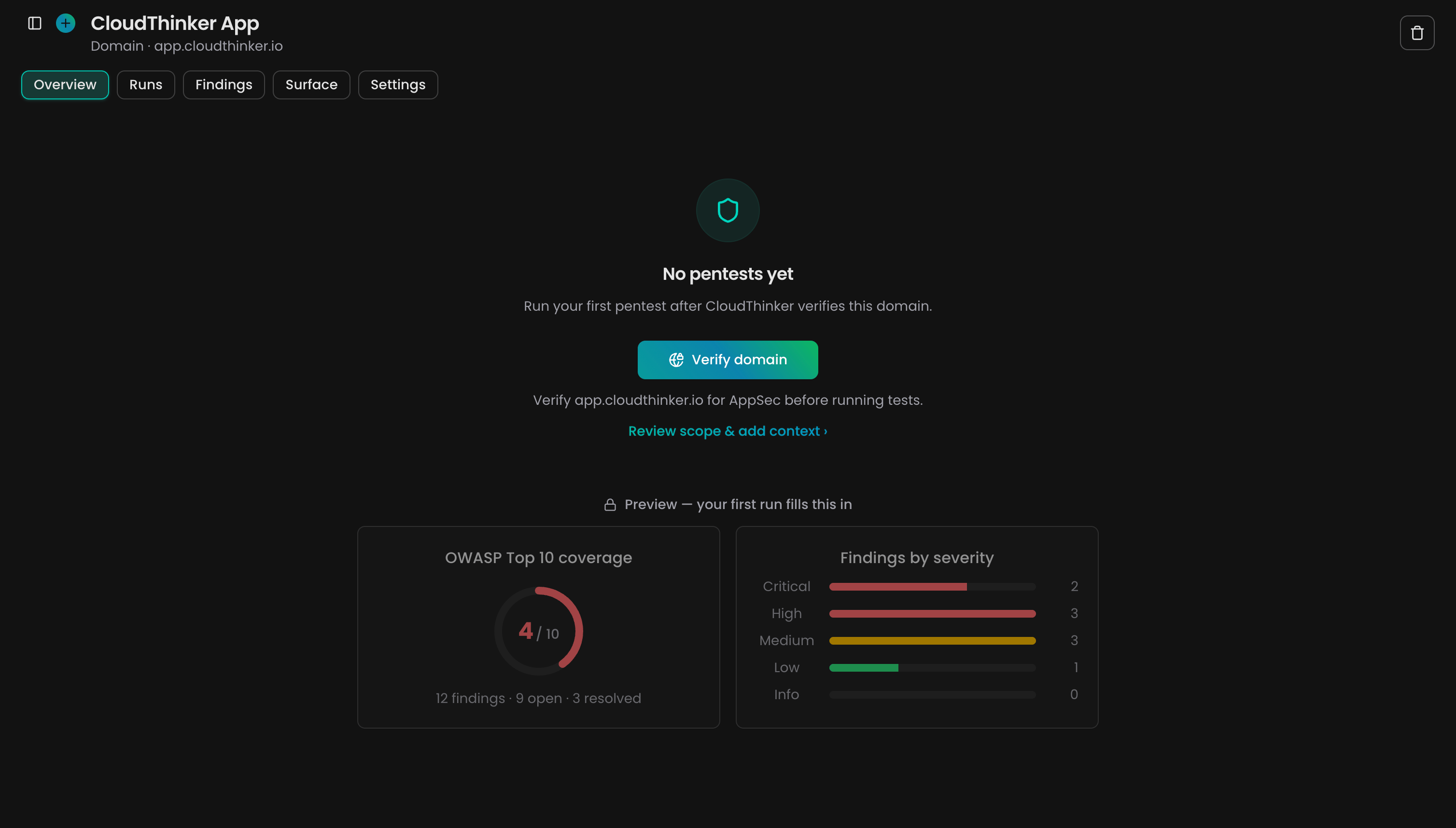 App overview showing the No pentests yet setup hero