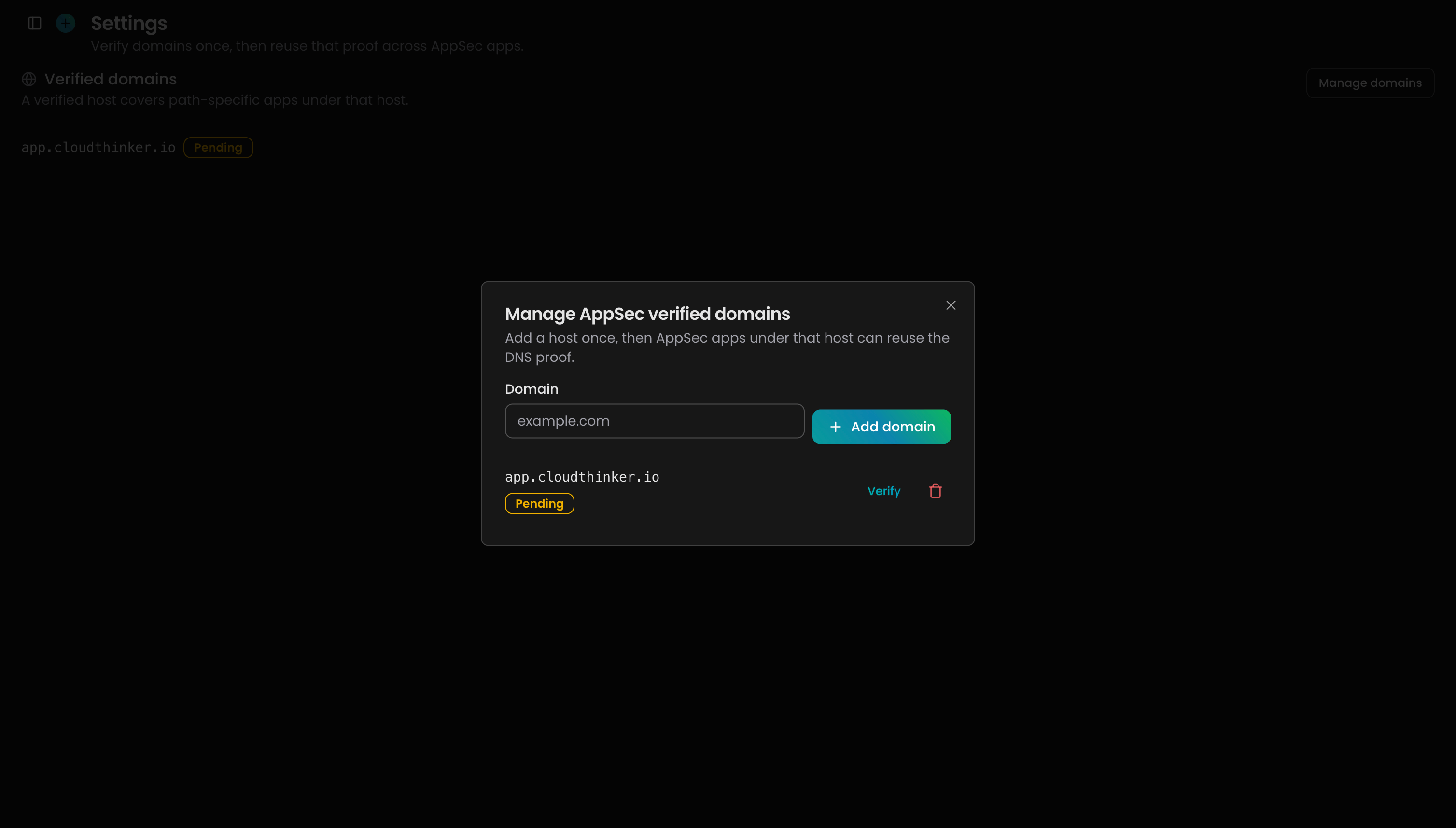 Verified domains section with the add domain dialog open