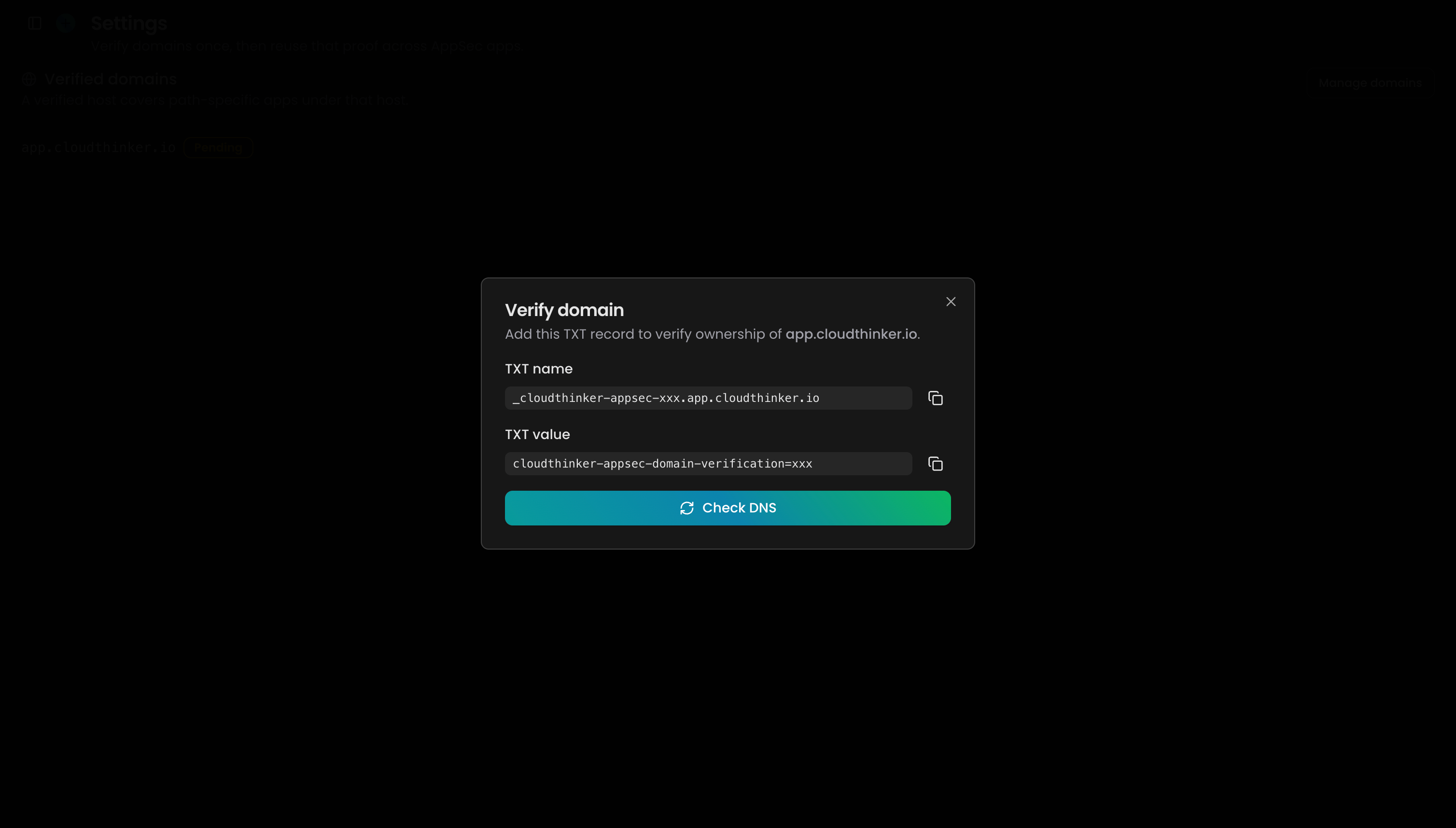 Verify domain dialog showing the TXT name and TXT value to publish
