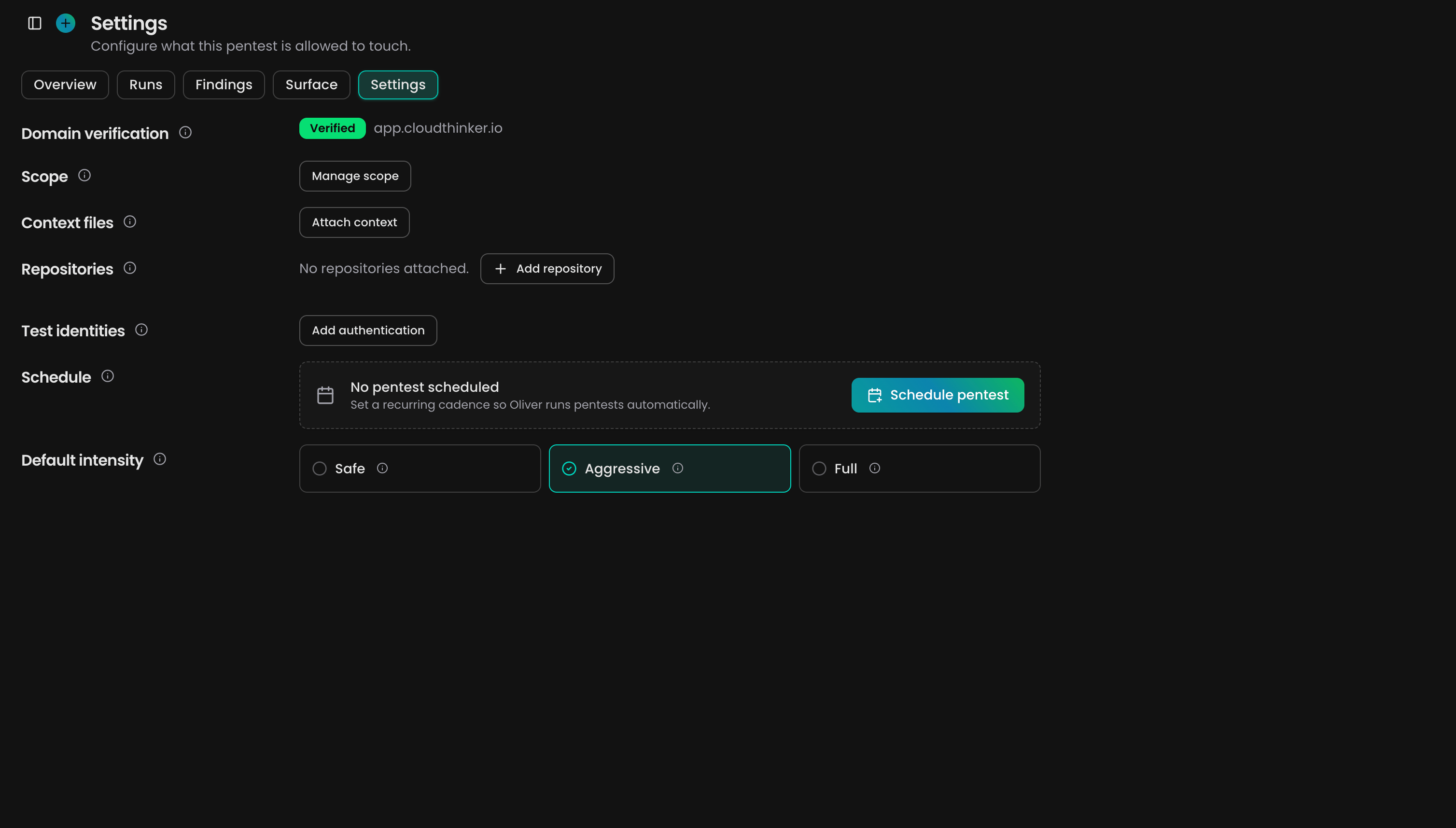 App Settings tab with domain verification, scope, context files, repositories, test identities, schedule, and default intensity