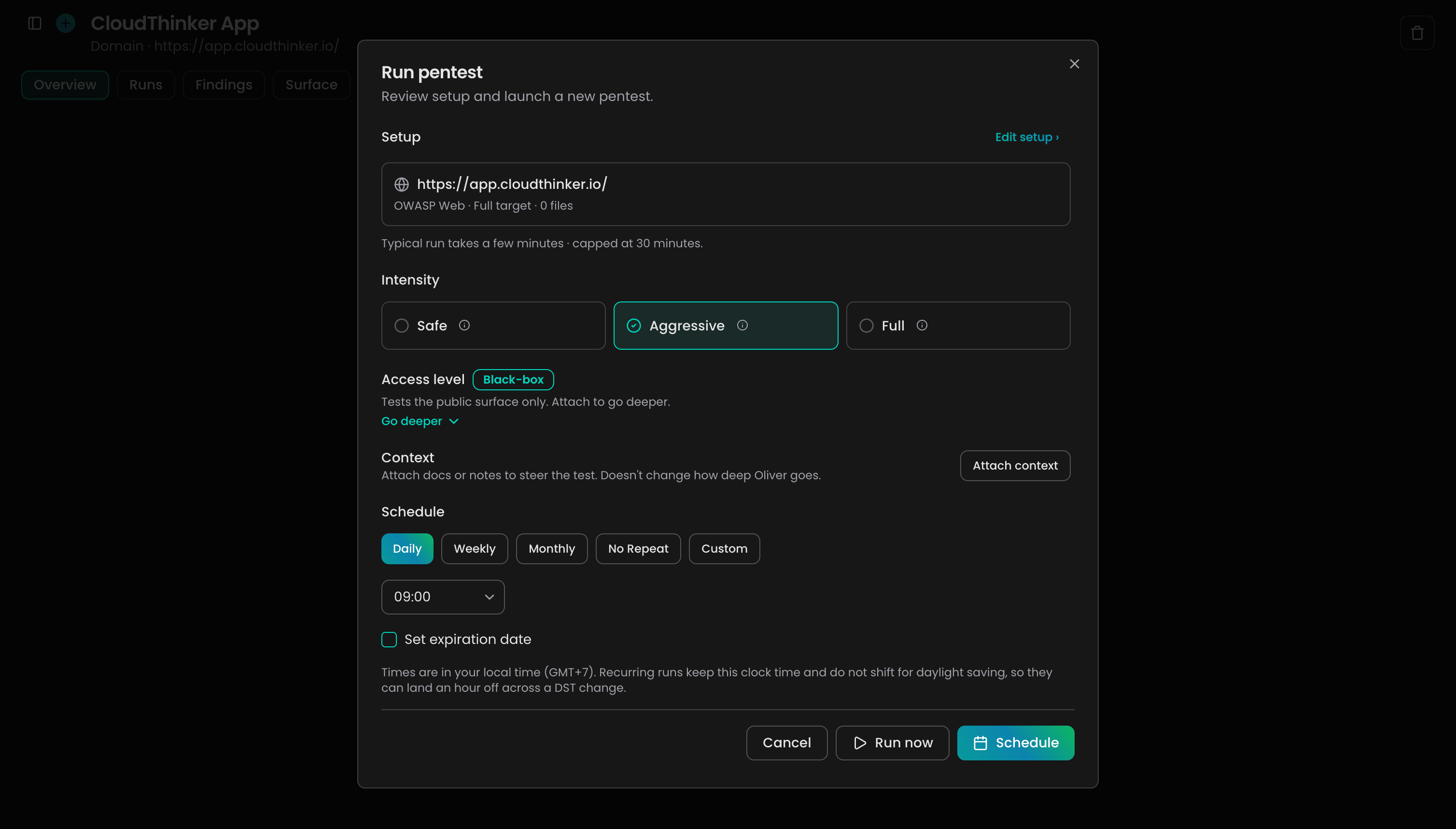 Run pentest dialog with setup facts, intensity picker, access level badge, context, and schedule