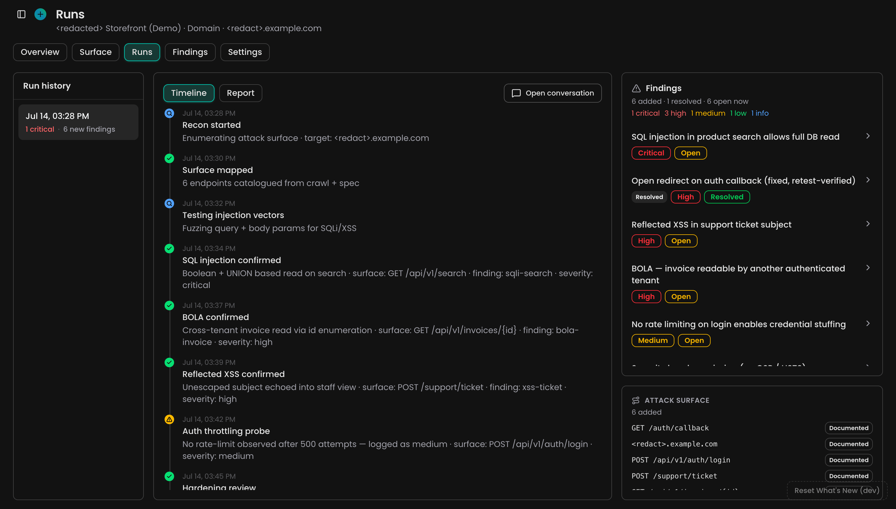 Run workbench with run history, live timeline, and the findings rail