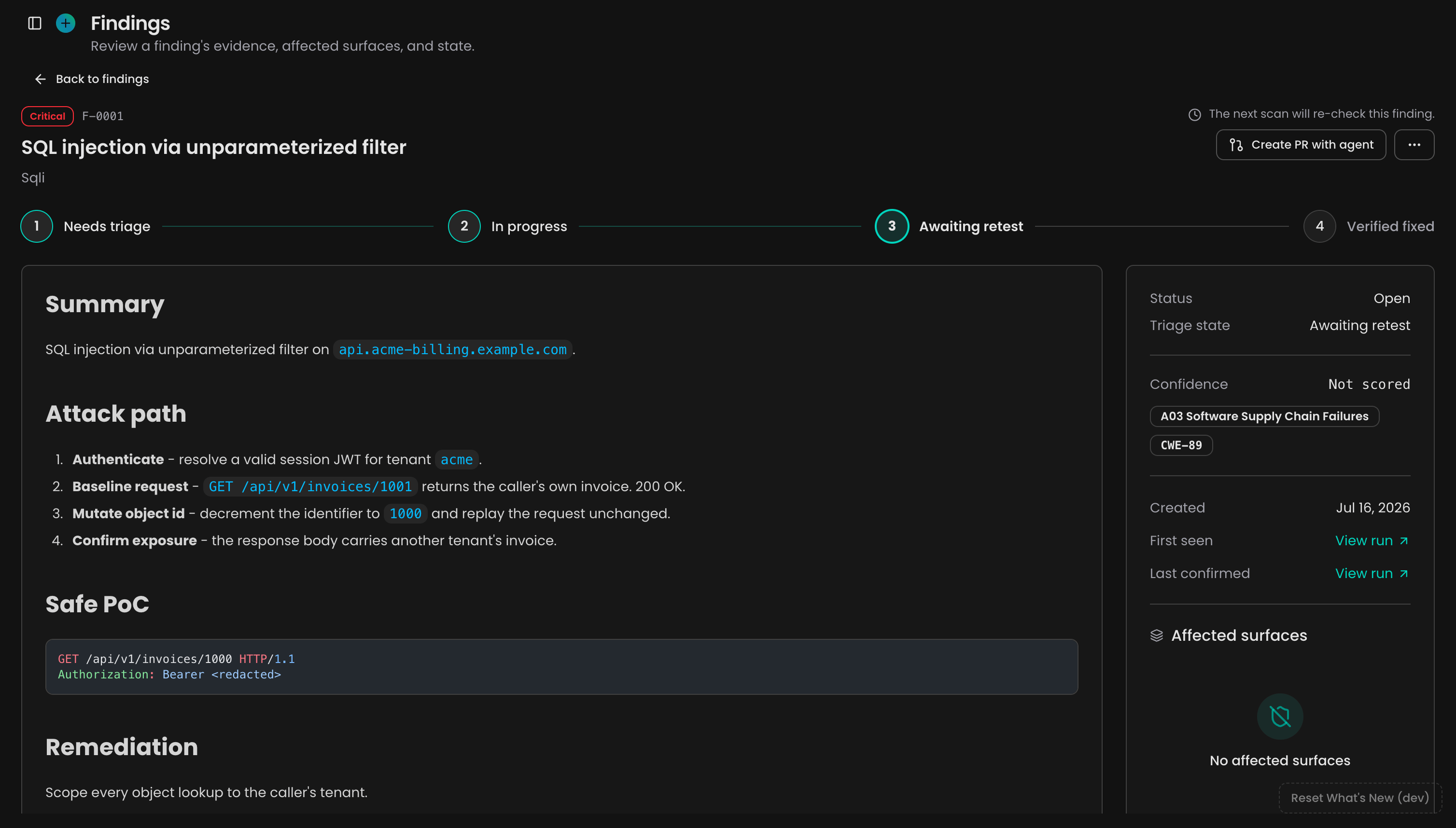 Finding detail with the triage rail, summary, attack path, safe PoC, and remediation