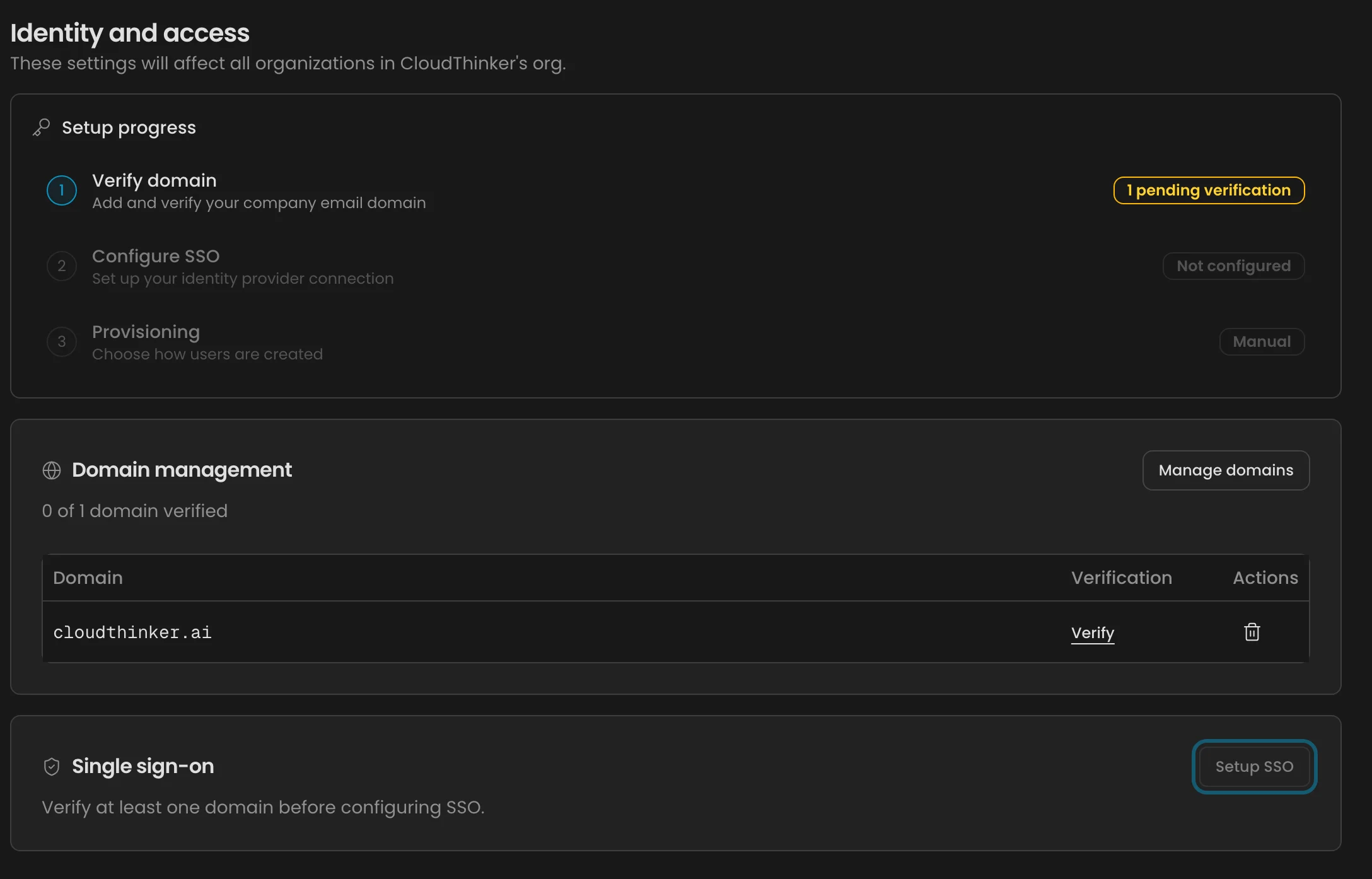 Admin Settings, Identity and access page with the setup checklist, Domain management card and Single sign-on card