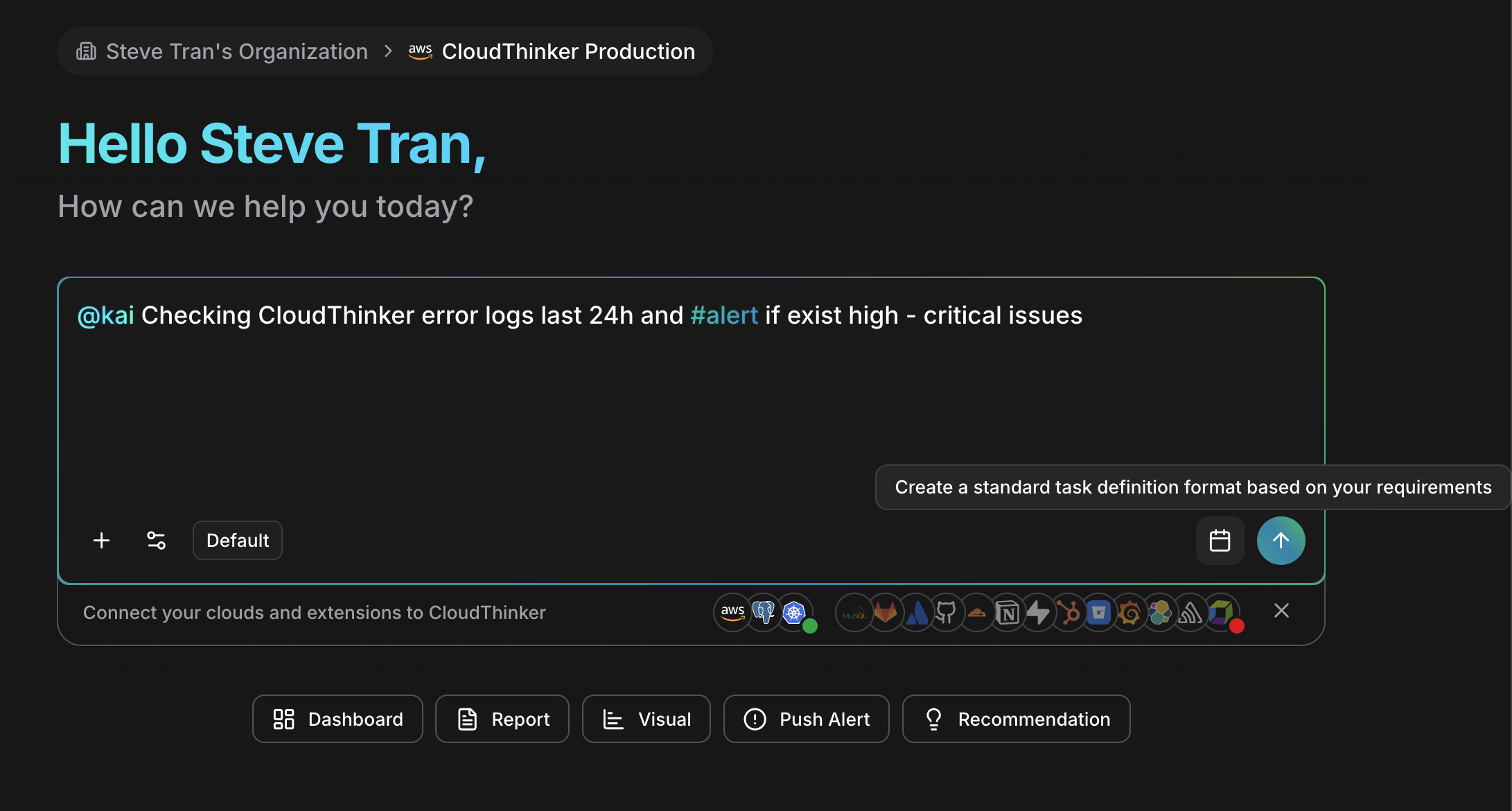 CloudThinker console input area showing the calendar icon for scheduling recurring tasks