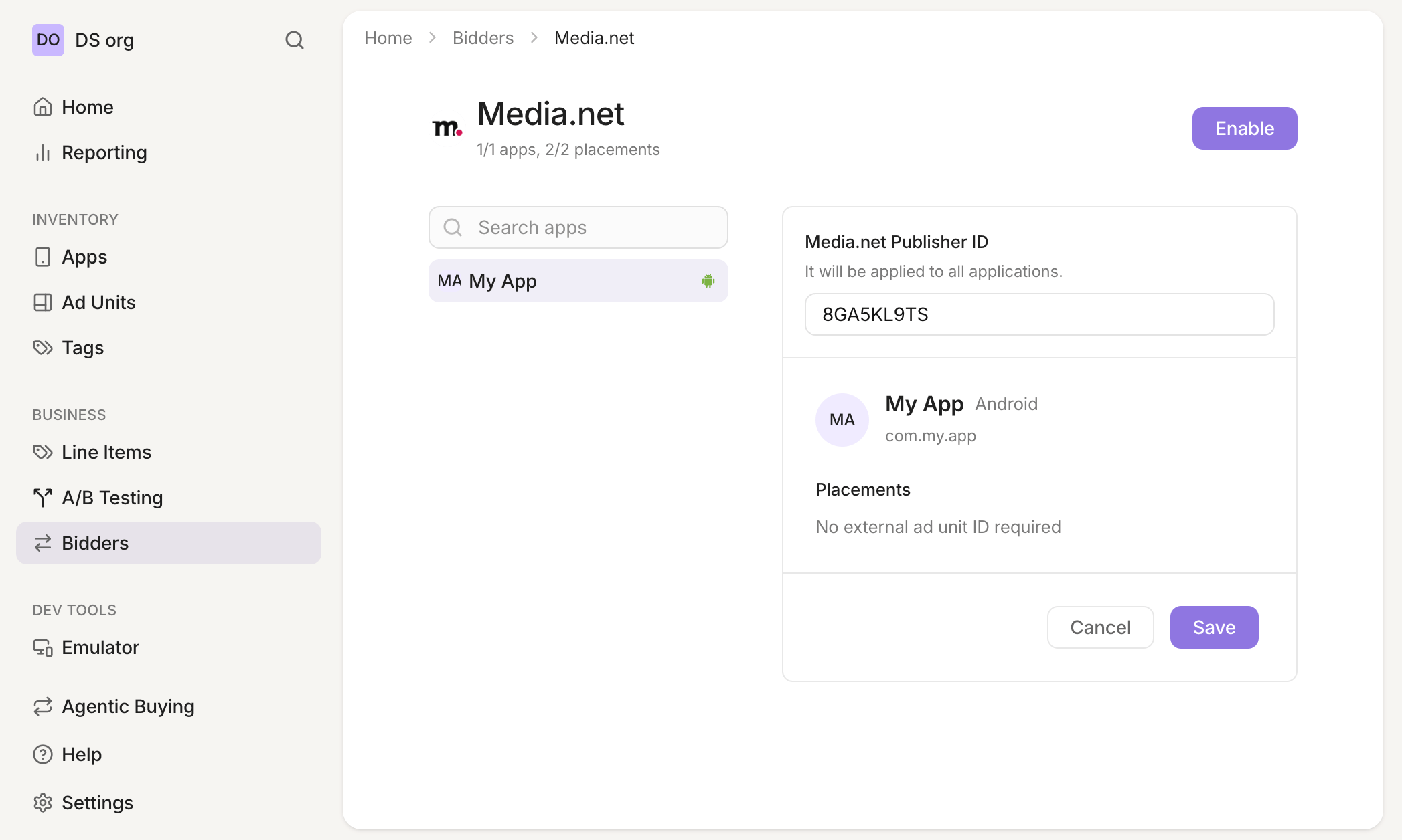 Media.net Publisher ID in the Bidders section