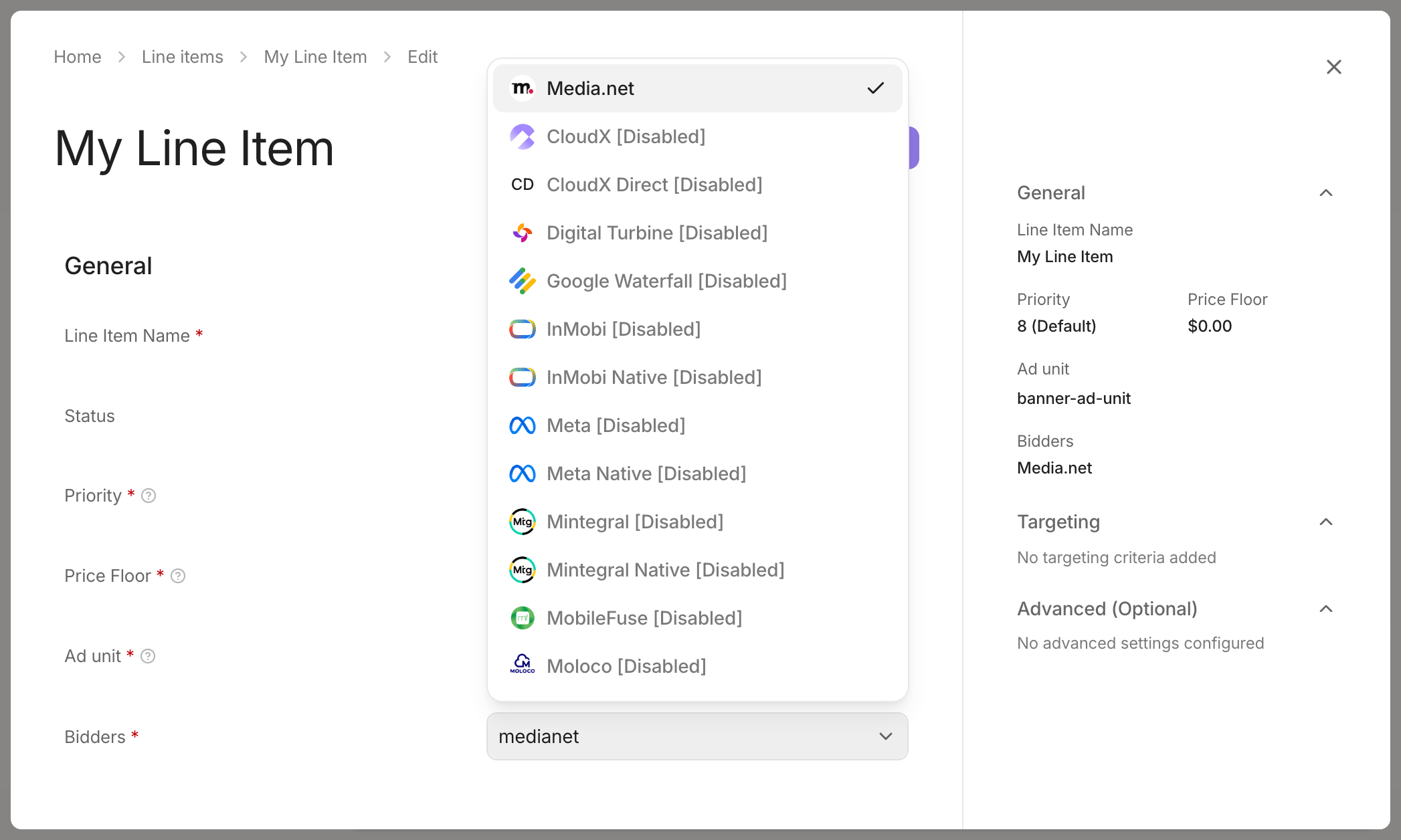 Media.net selected on a CloudX line item