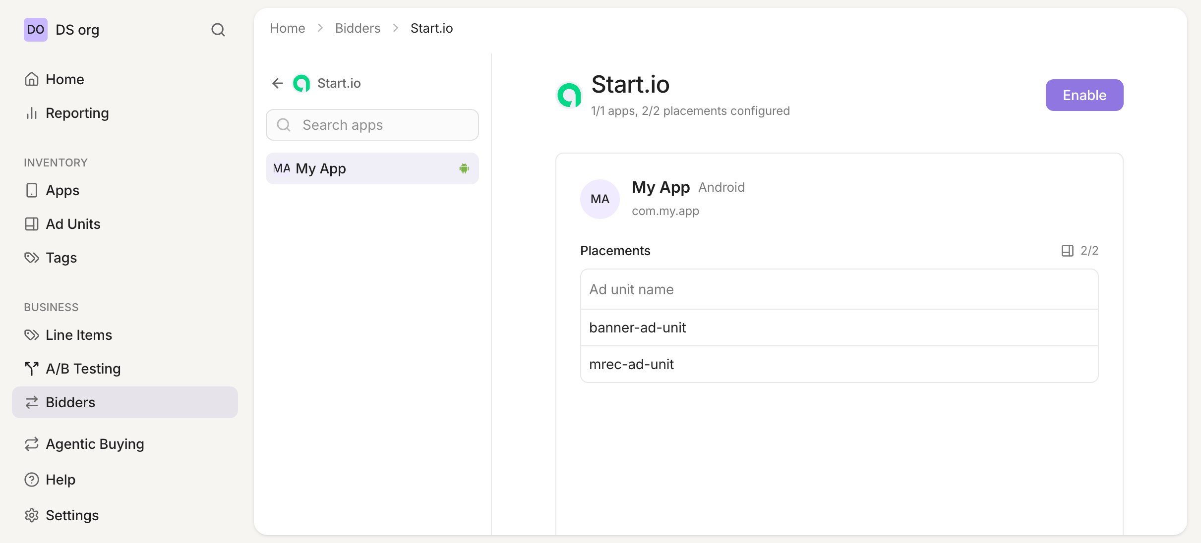 Start.io selected in the Bidders section