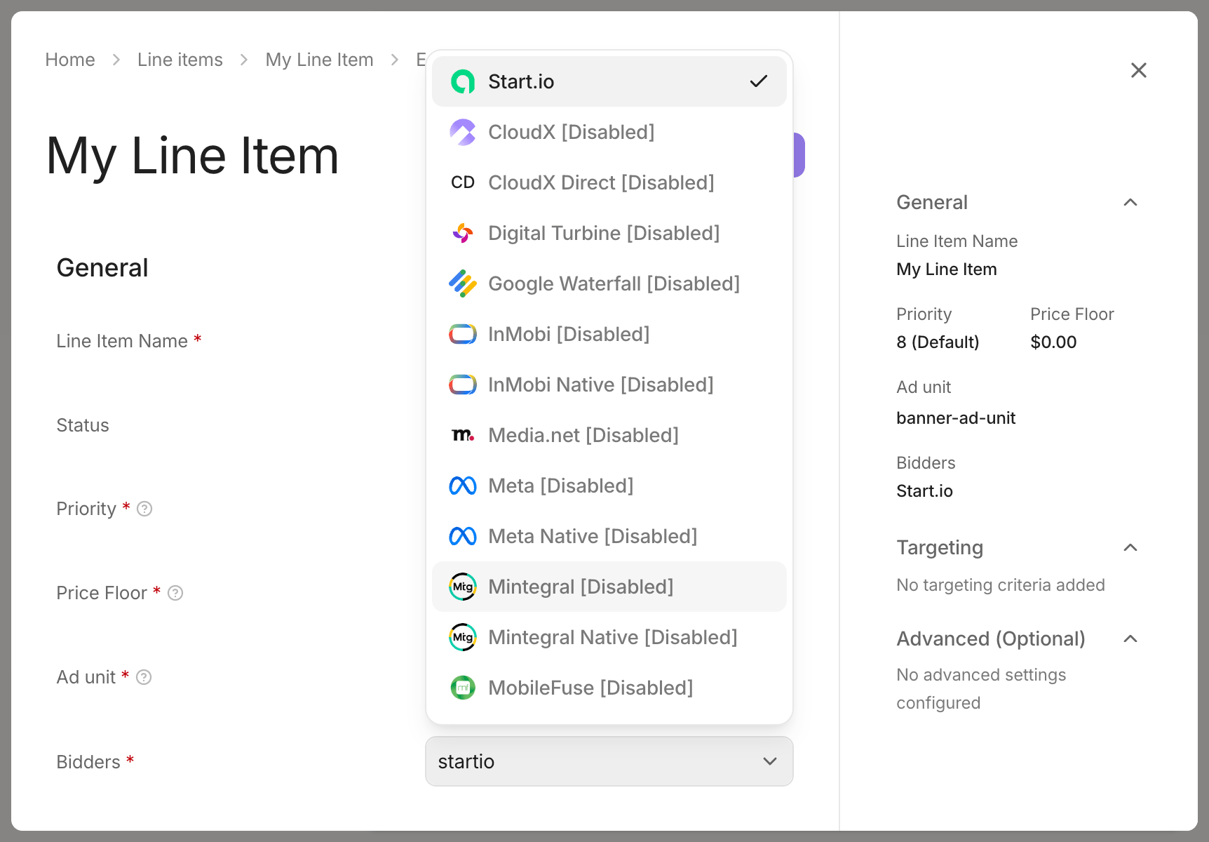Start.io selected on a CloudX line item