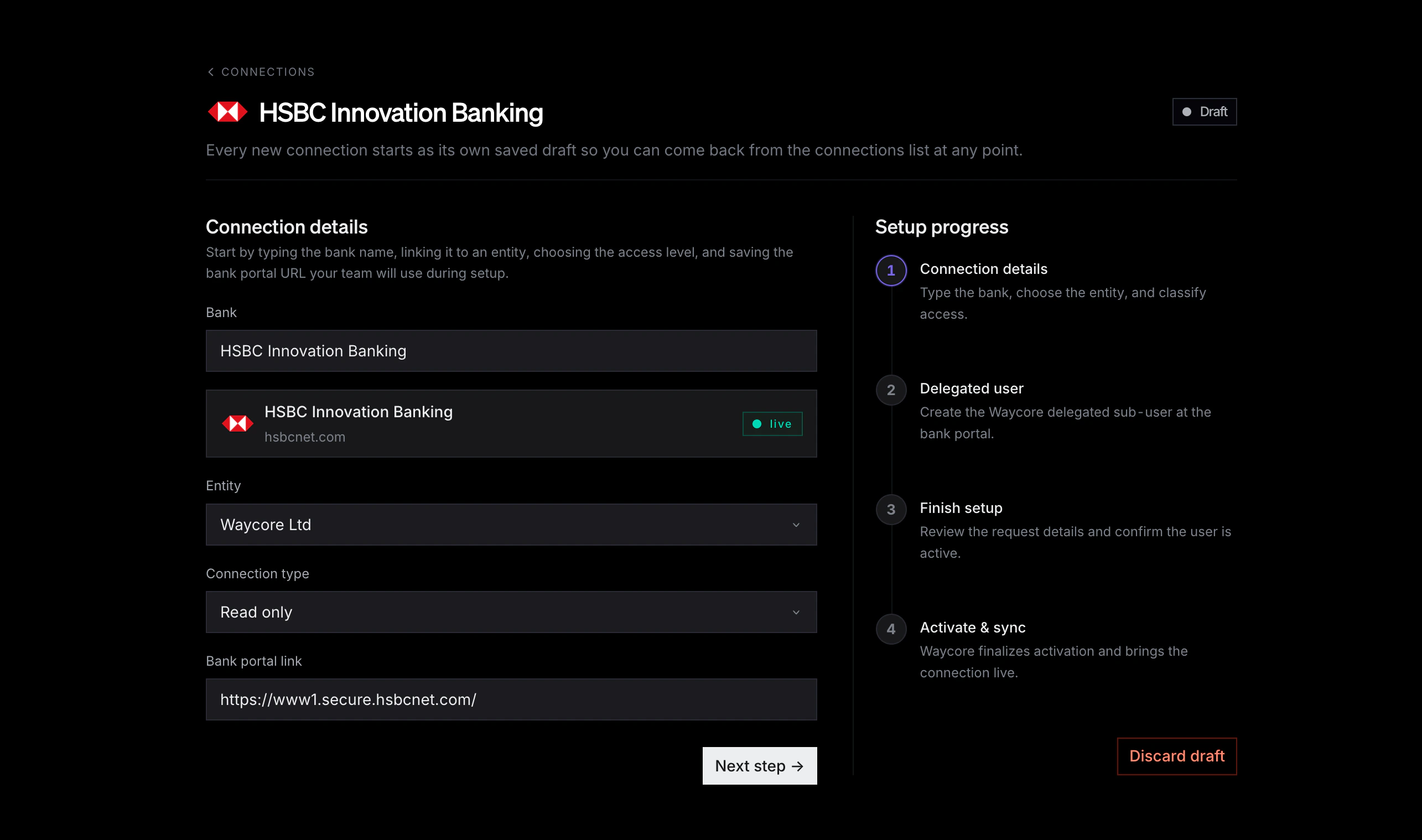 Waycore connection details step with bank selection, connection type, and portal link