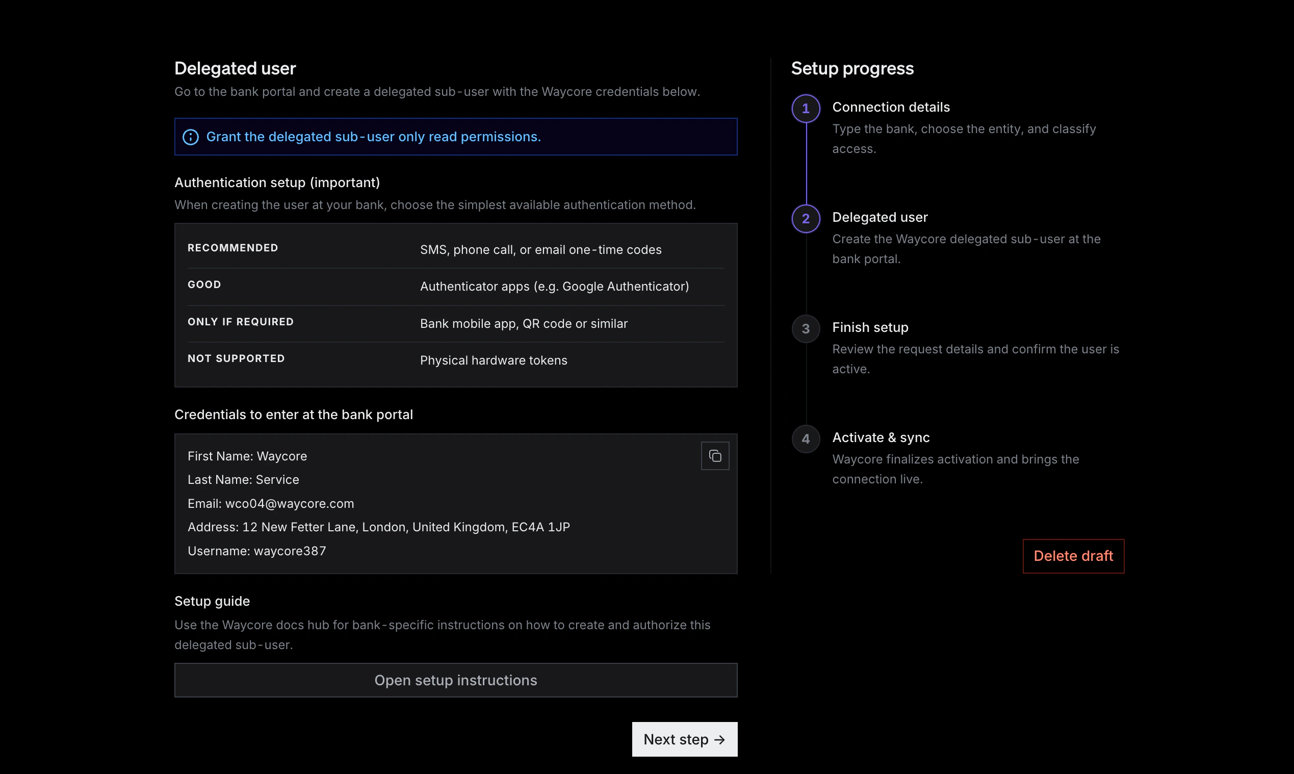 Waycore delegated user step with authentication setup guidance and delegated user credentials
