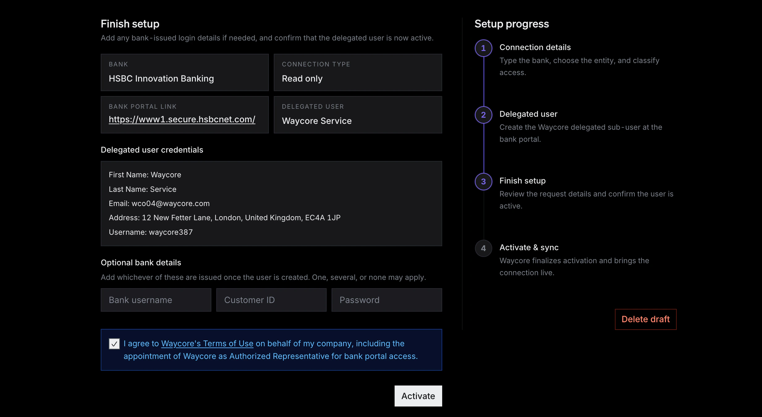 Waycore finish setup screen with onboarding summary, delegated user credentials, optional bank details, and terms confirmation