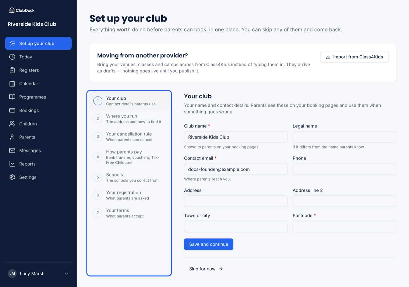 The Set up your club page, reached from Set up your club at the top of the menu, with the seven steps down the left and Your club open