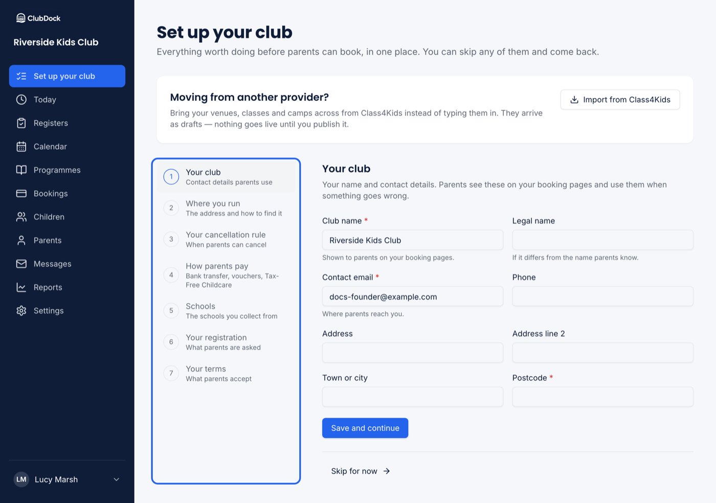 The Set up your club page, reached from Set up your club at the top of the menu, with the seven steps down the left and Your club open