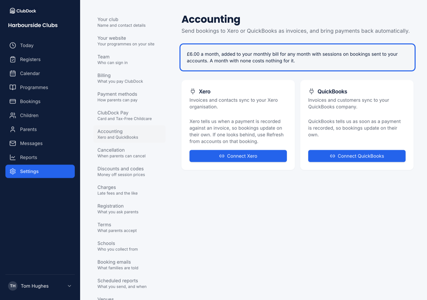 Settings → Accounting at 1280px showing the Connect Xero and Connect QuickBooks cards, with the price note highlighted