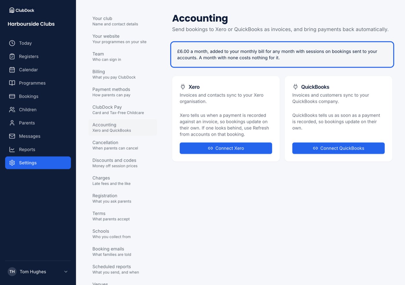 Settings → Accounting at 1280px showing the Connect Xero and Connect QuickBooks cards, with the price note highlighted