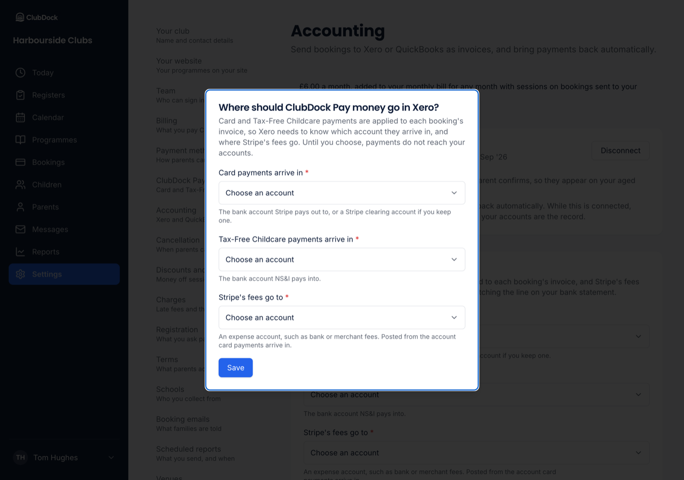 The dialog asking where ClubDock Pay money goes in Xero, with its three account choices
