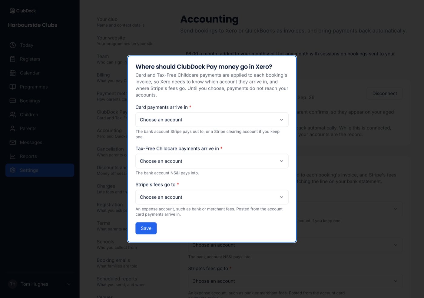 The dialog asking where ClubDock Pay money goes in Xero, with its three account choices