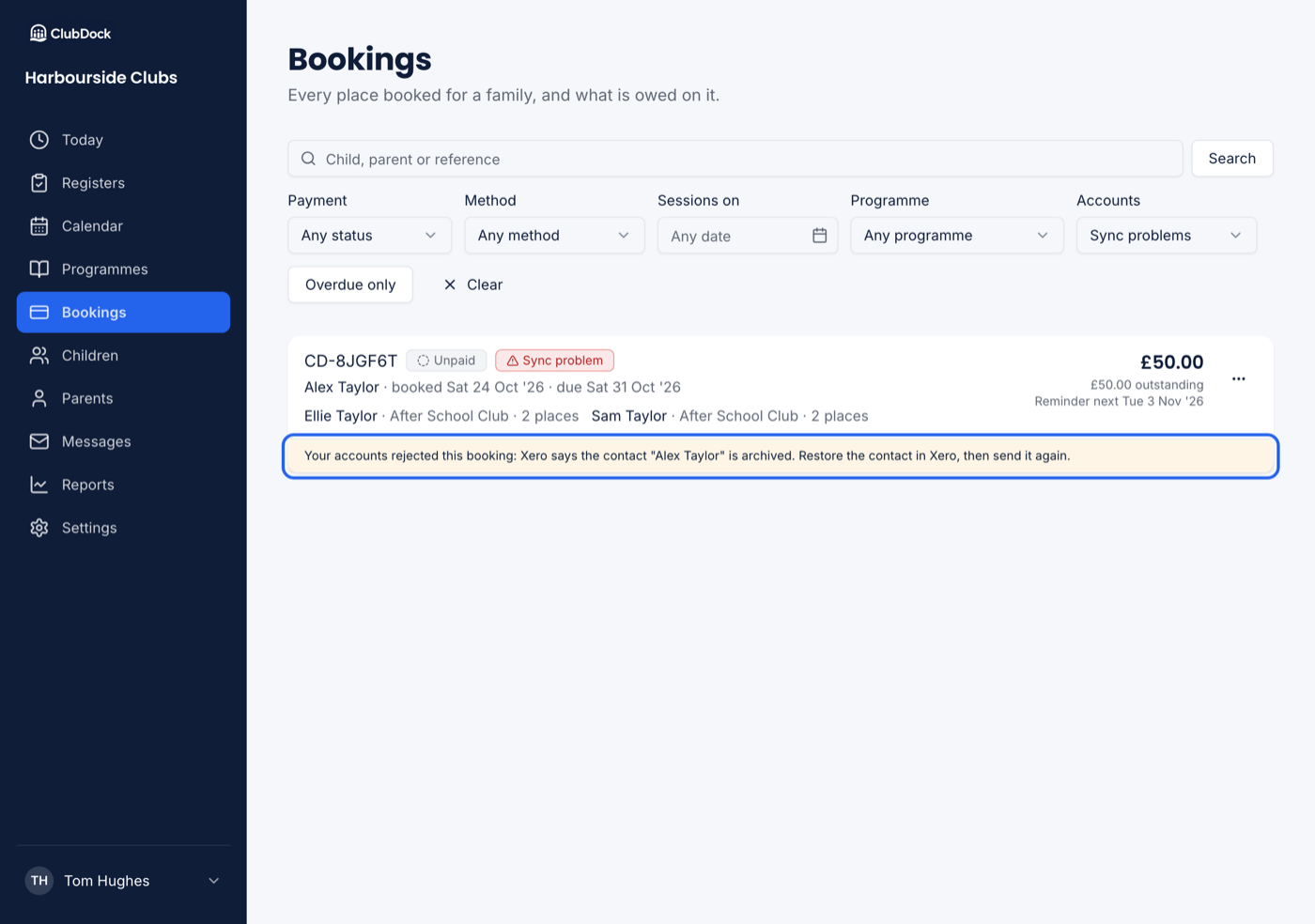 The bookings list at 1280px filtered to Sync problems, with a booking's sync message highlighted