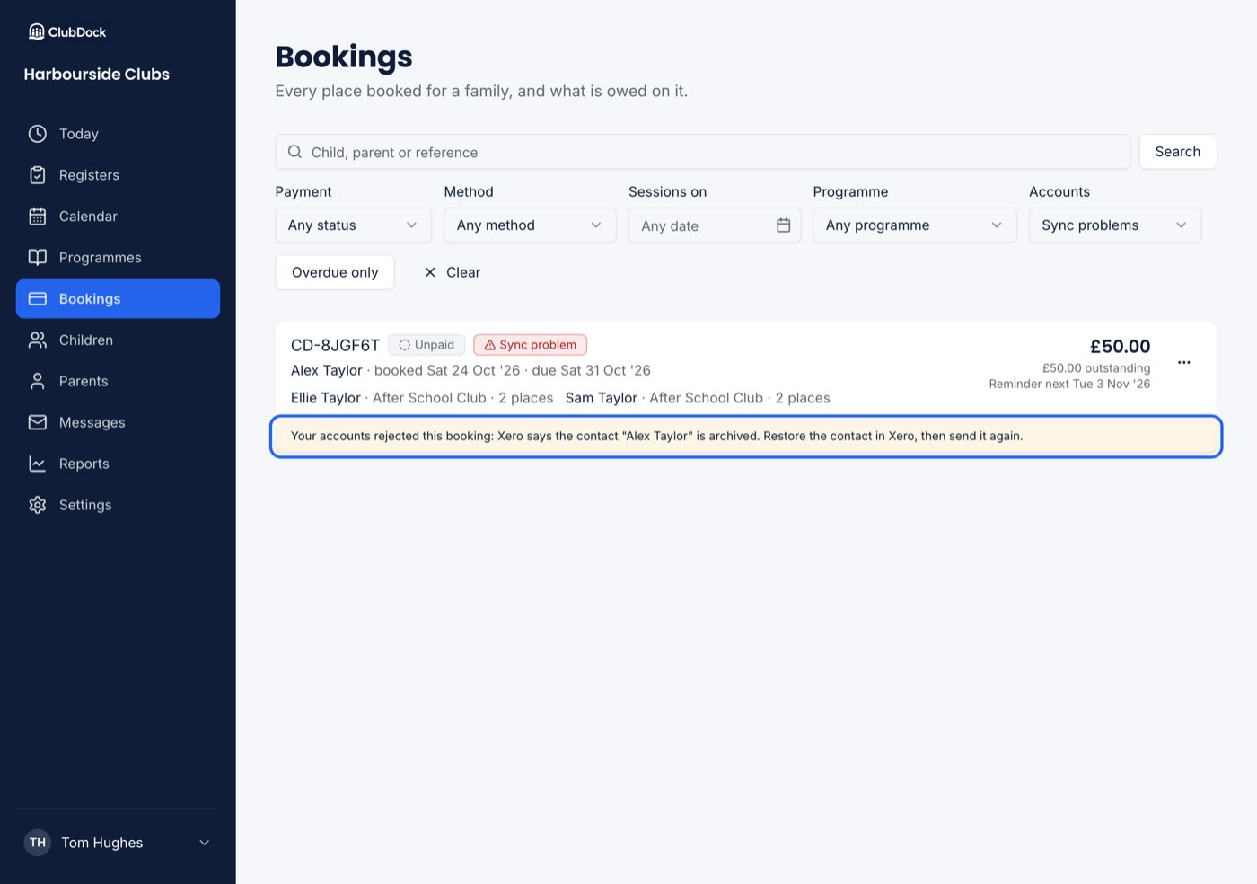 The bookings list at 1280px filtered to Sync problems, with a booking's sync message highlighted